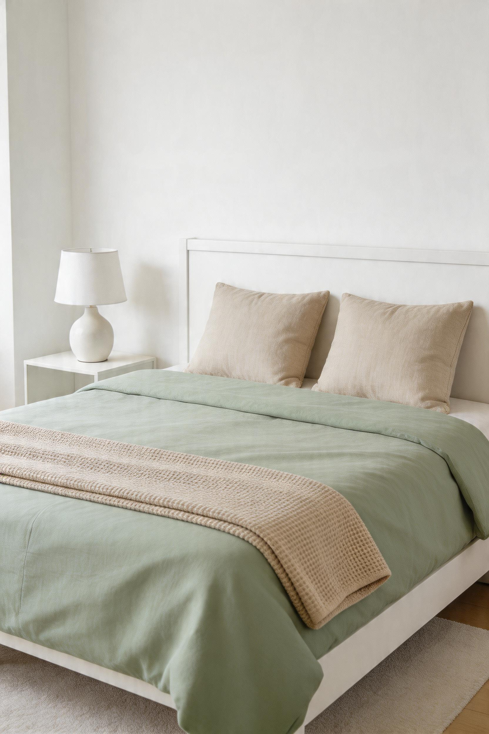 A new duvet cover, two throw pillows, and a textured throw are the three bedroom decorating ideas on a budget with the highest visual impact per dollar.