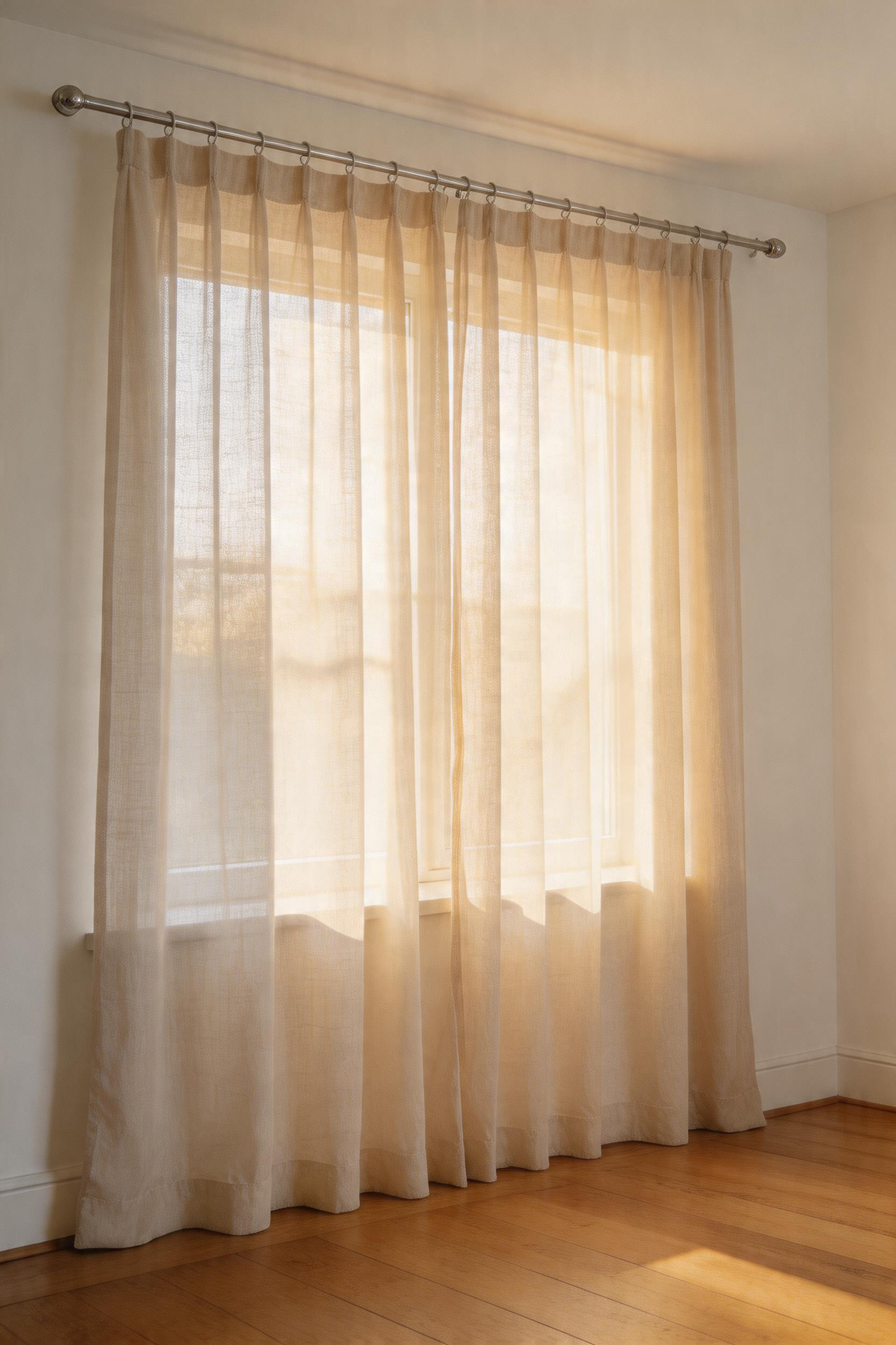 Linen curtains mounted high and wide — close to the ceiling and beyond the window frame — filter warm light and visually expand the room.