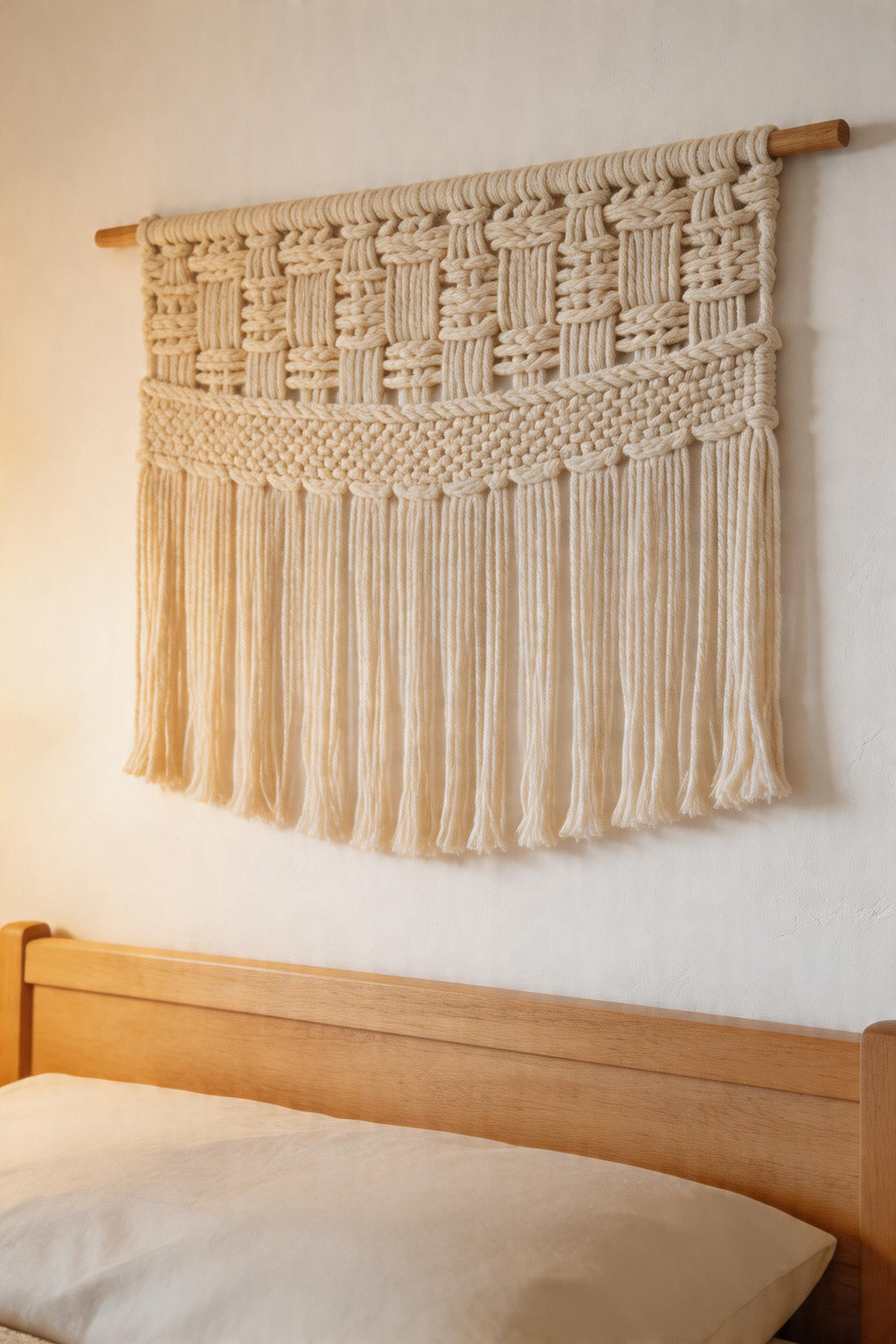 Natural cotton macrame above the headboard adds acoustic softness and organic texture — no paint required.