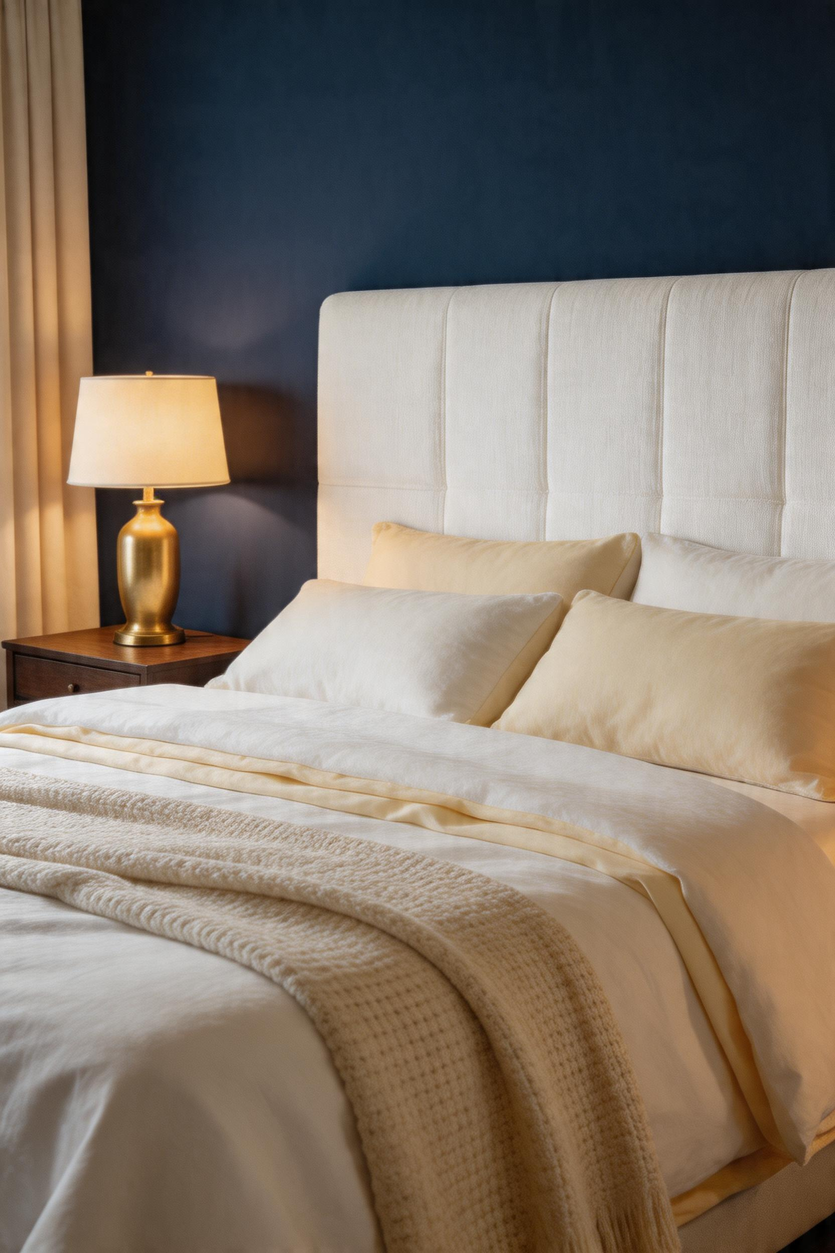 A deep navy accent wall behind the headboard ties together cream bedding, warm brass hardware, and layered natural textiles in a cohesive bedroom scheme.