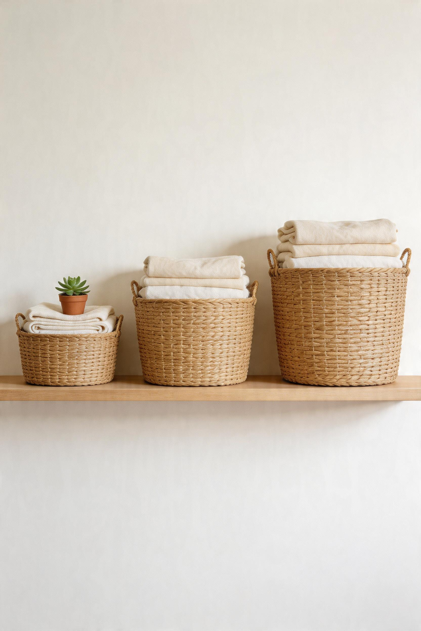 Graduated natural fiber baskets on an open shelf bring organic texture and visible storage together — one of the quieter bedroom decorating ideas with lasting daily appeal.