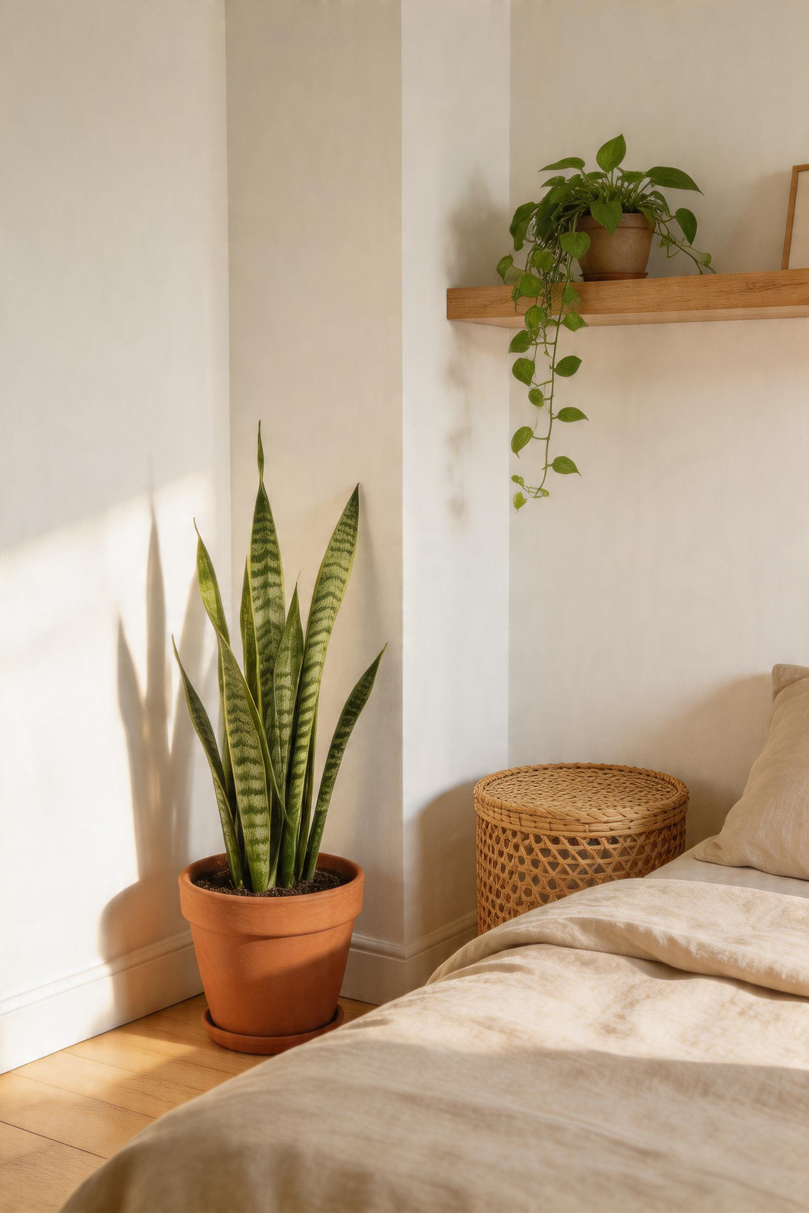Snake plants, pothos, and peace lily thrive in low-light bedrooms and pair naturally with terracotta, rattan, and woven baskets.