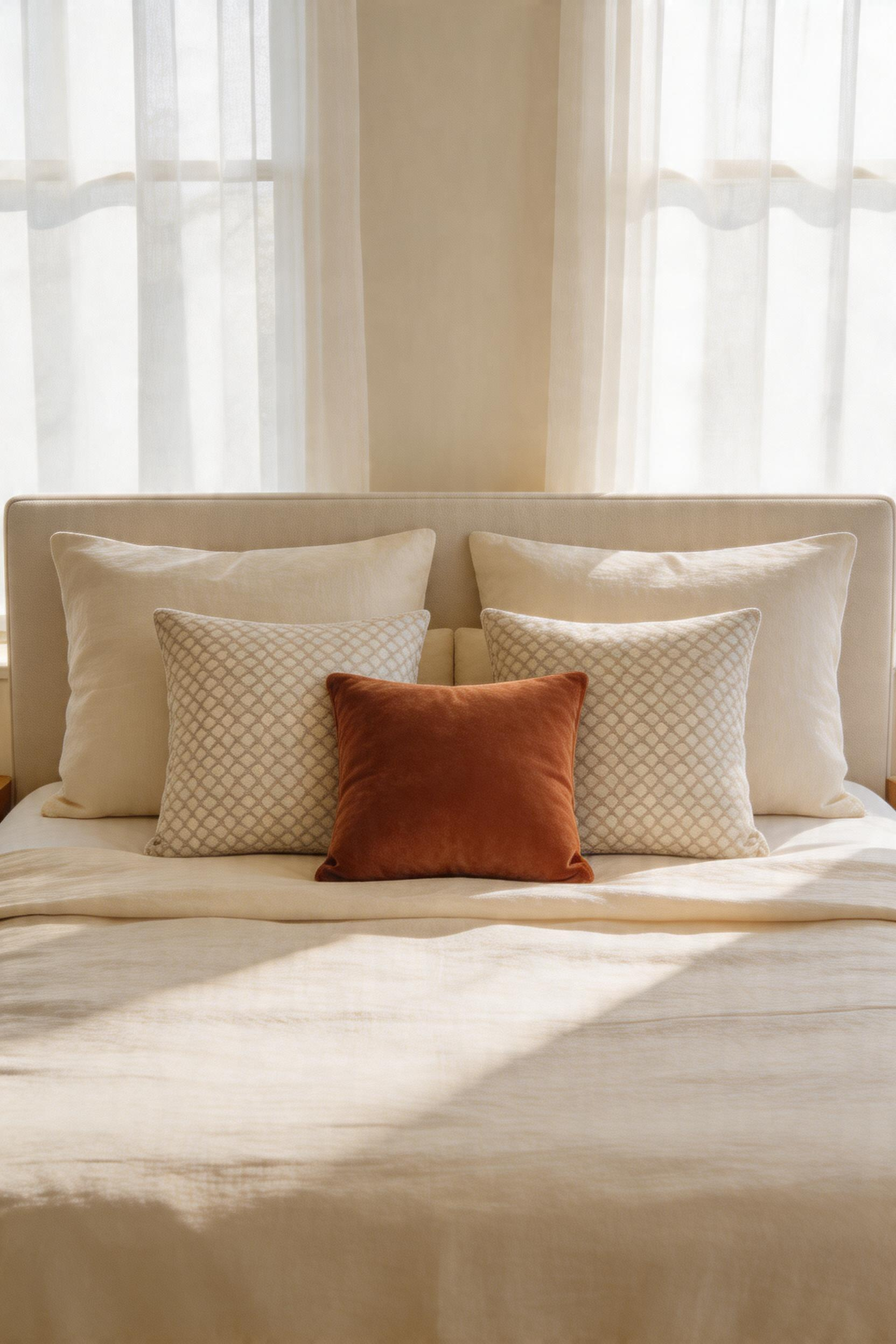 One large-scale hero, one medium pattern, and one solid or textured neutral — the three-piece rule that makes any pillow arrangement look curated.