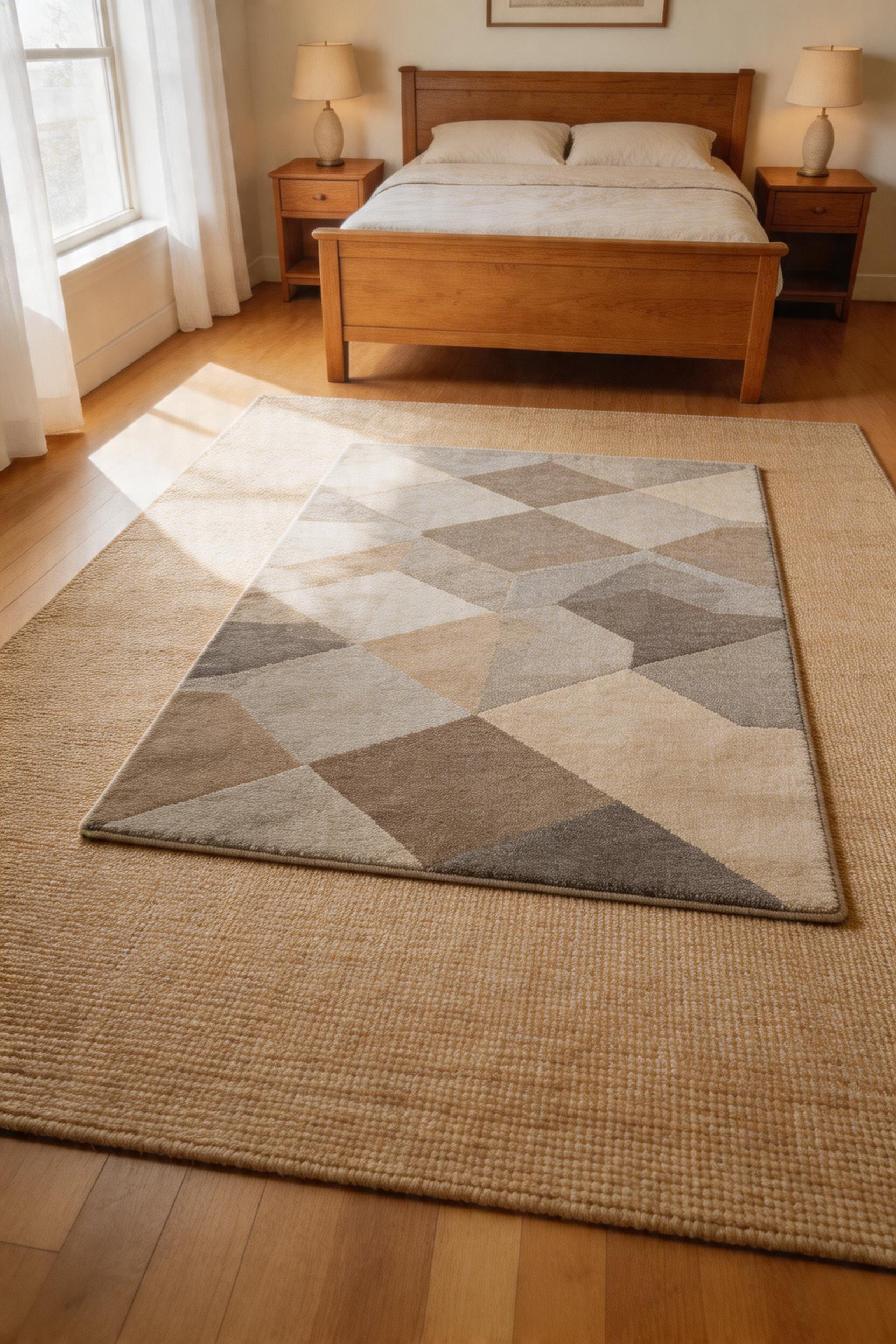 A jute base rug layered with a patterned wool top creates warmth, texture, and visual depth without pattern overwhelm.