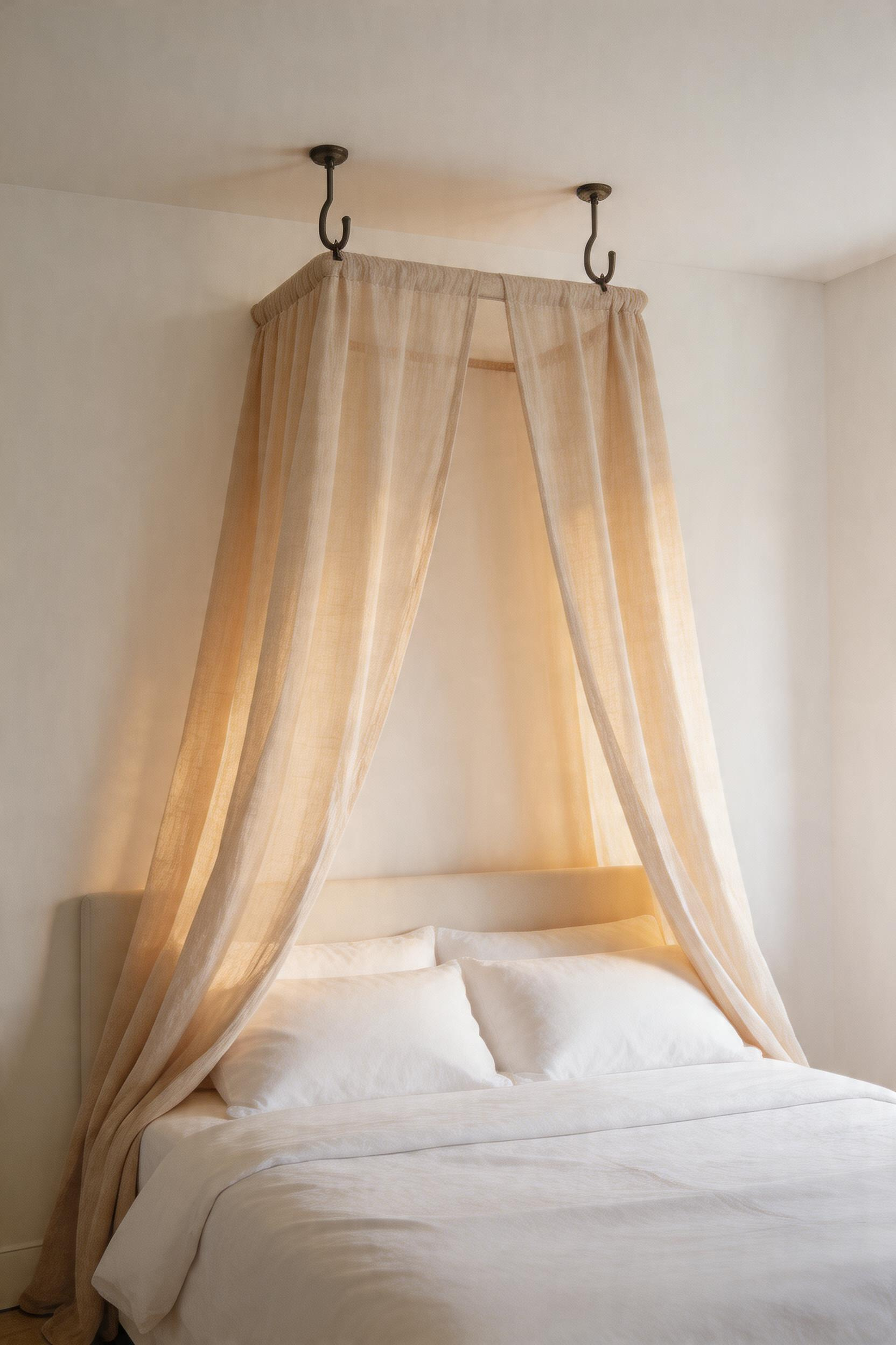 A sheer linen canopy hung from ceiling hooks creates romantic enclosure without overpowering the room — one of the most atmosphere-changing bedroom decorating ideas for under $50.