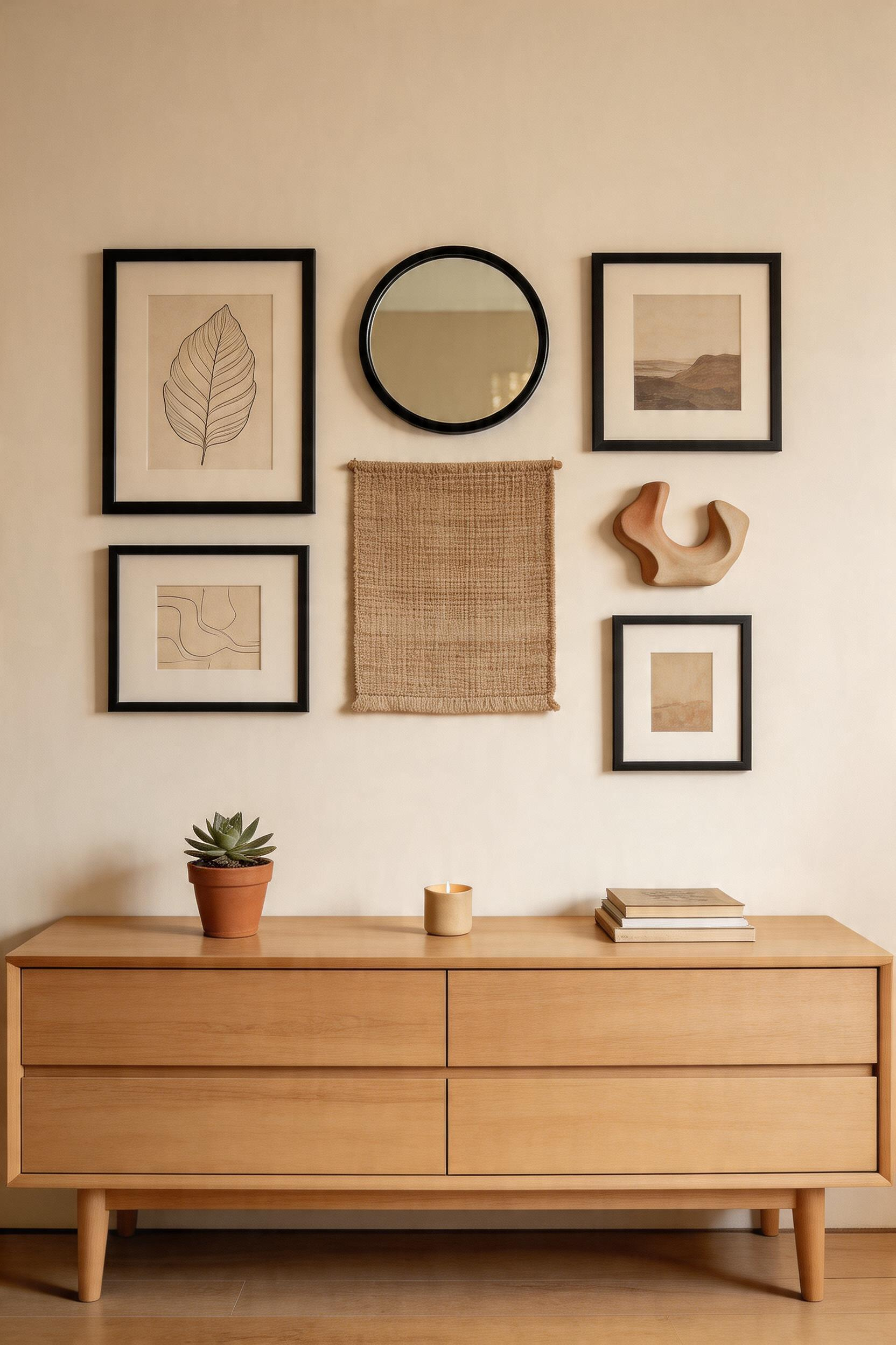 A gallery wall gains depth and personality when it mixes flat prints with a mirror, a woven textile, and one three-dimensional ceramic piece.