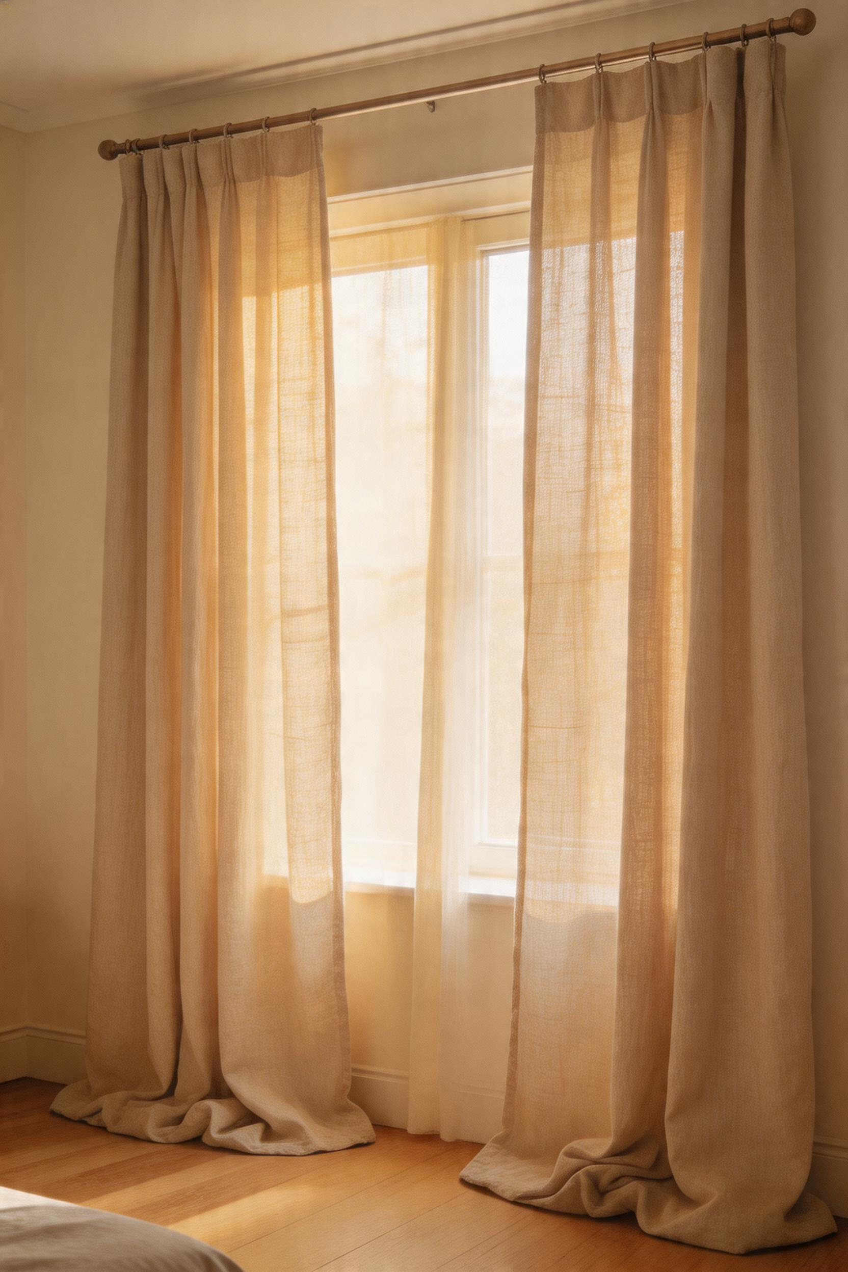 Mounting the curtain rod near the ceiling and extending it beyond the window frame is the most impactful bedroom decorating idea that costs almost nothing to execute.