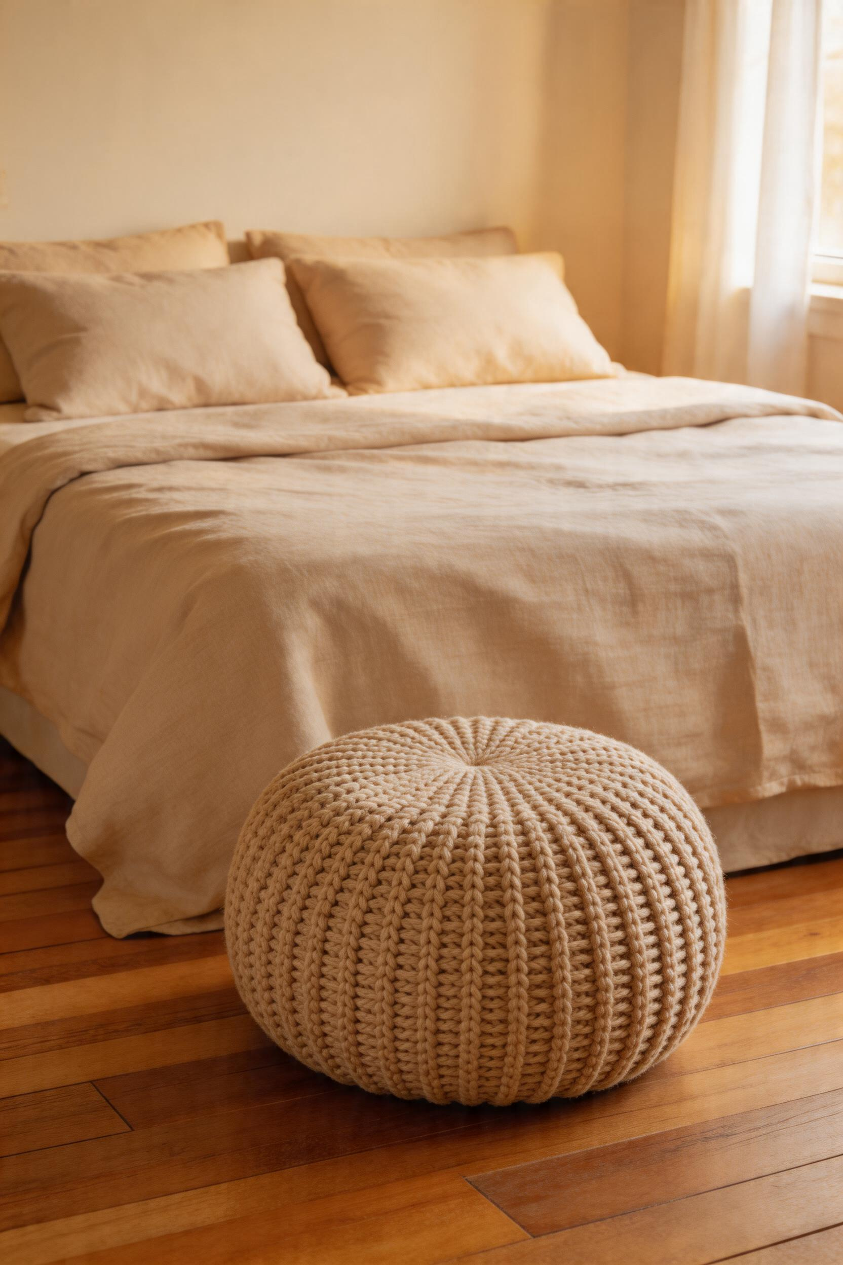 A chunky-knit cotton pouf at the foot of the bed adds texture, a functional perch, and a visual endpoint to the bed arrangement.