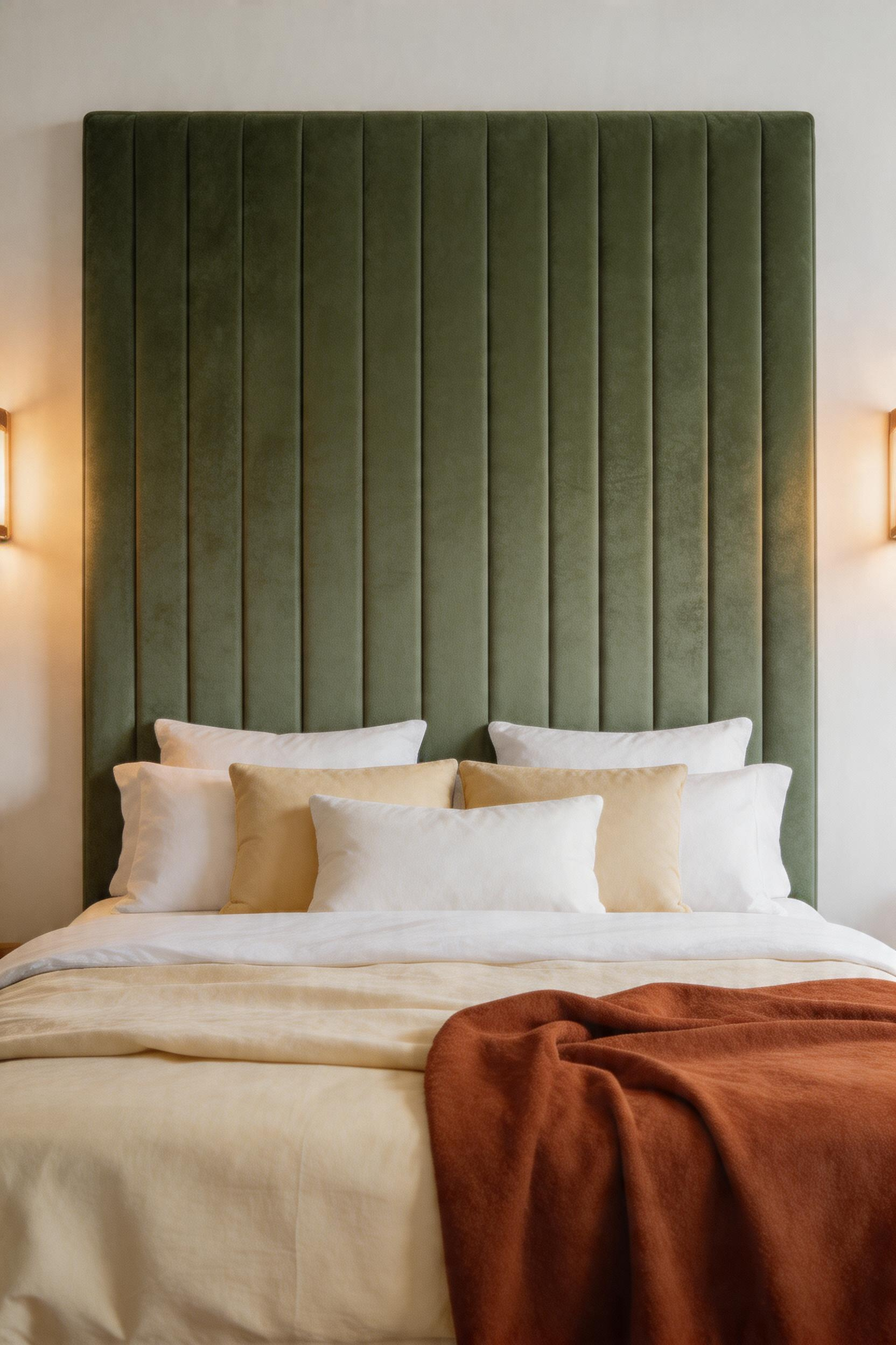 A channel-tufted velvet headboard in a muted tone anchors the entire bedroom design and ties the textile palette together.
