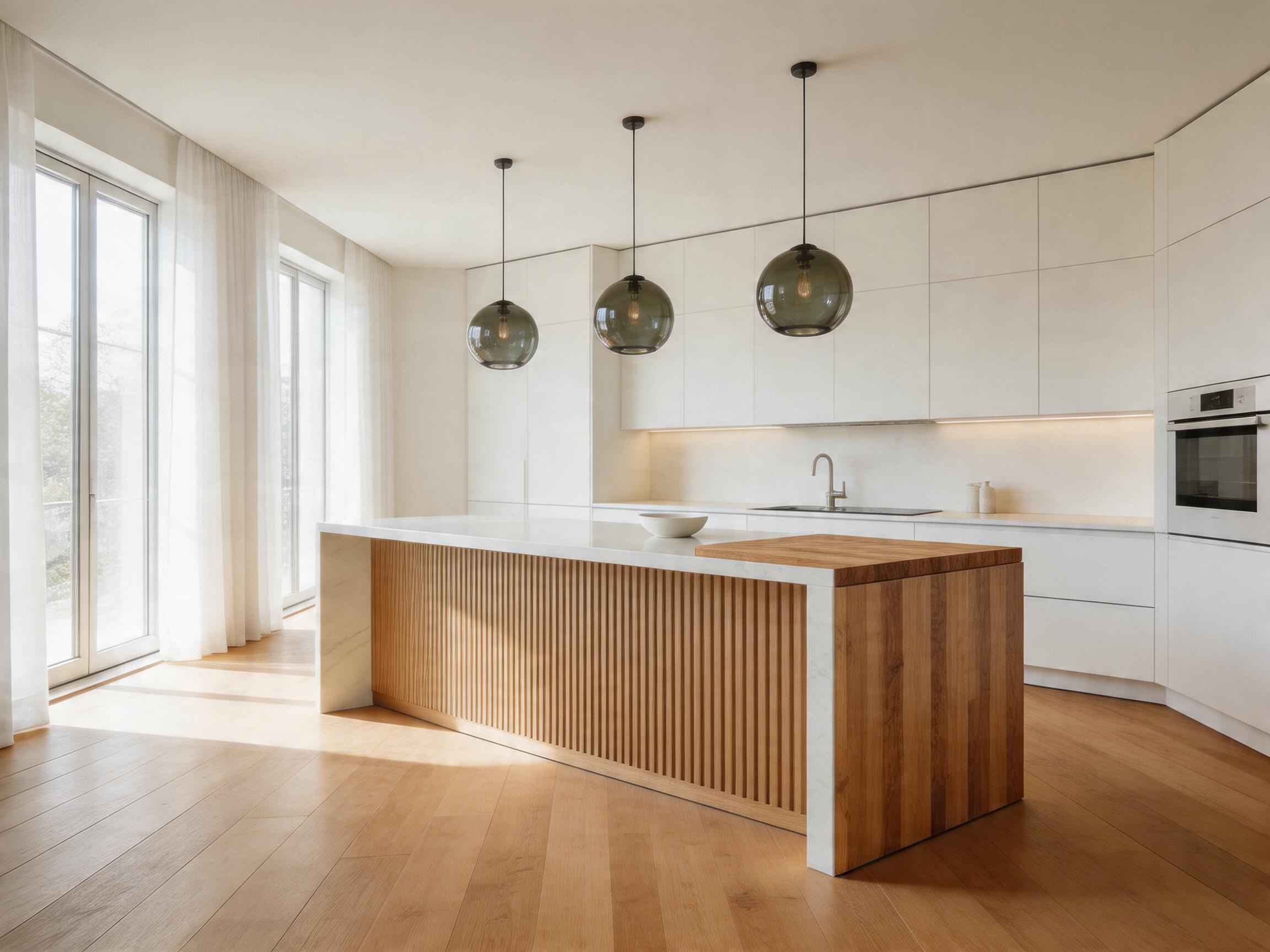 A curated modern kitchen showcasing the defining material choices of contemporary island design — waterfall quartz, mixed materials, and considered lighting — all working in cohesion.
