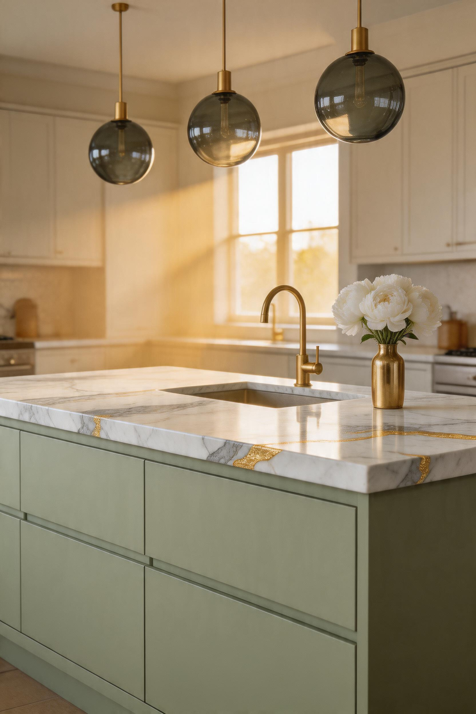 Honed Calacatta marble and unlacquered brass — a combination that reads as warm modern because each material anchors the other, the stone's cool white tempered by the brass's golden heat.