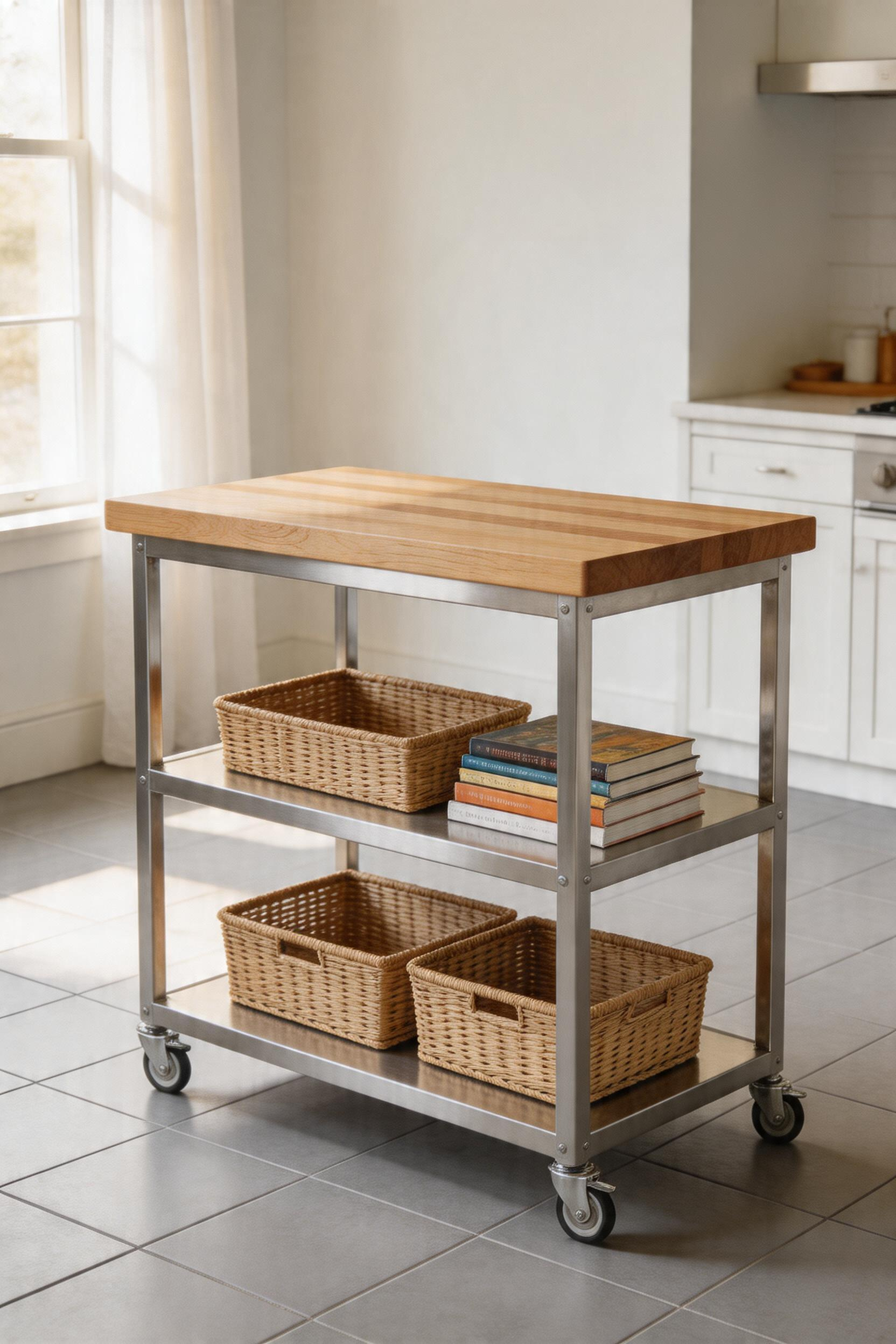 A commercial-grade portable island on locking casters — the maple butcher block and stainless steel combination that moves when the room needs to, and holds firm when the cooking starts.