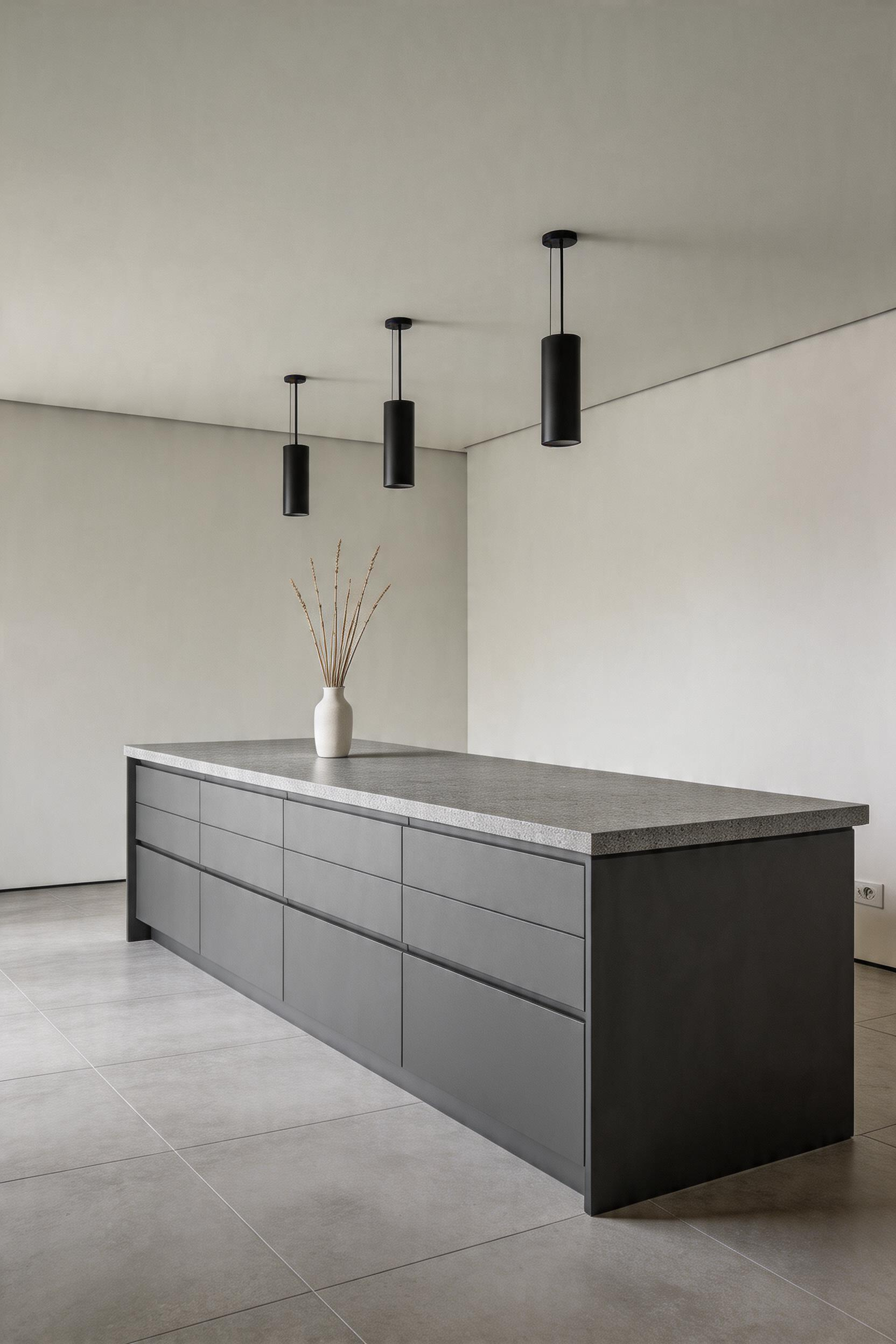 A large-format sintered stone slab in a concrete finish — a material that performs like engineered stone while looking exactly like the concrete aesthetic it references.