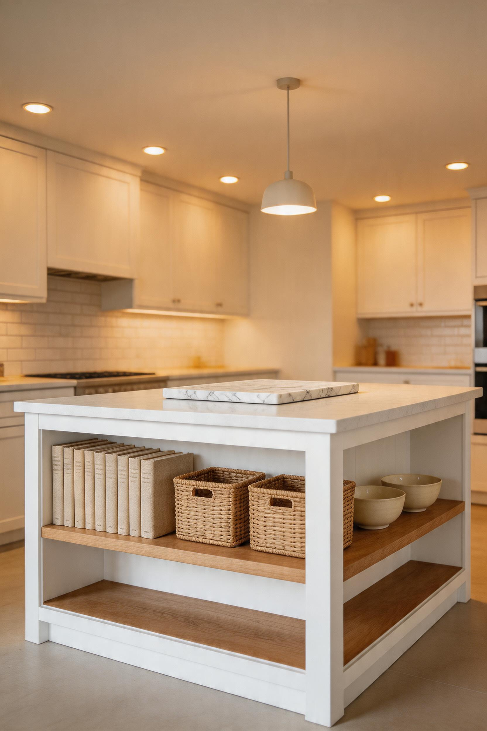 The open-base island where the lower shelves become a composed layer — woven baskets and curated cookbooks visible beneath the countertop, the kitchen floor reading as continuous through the space.
