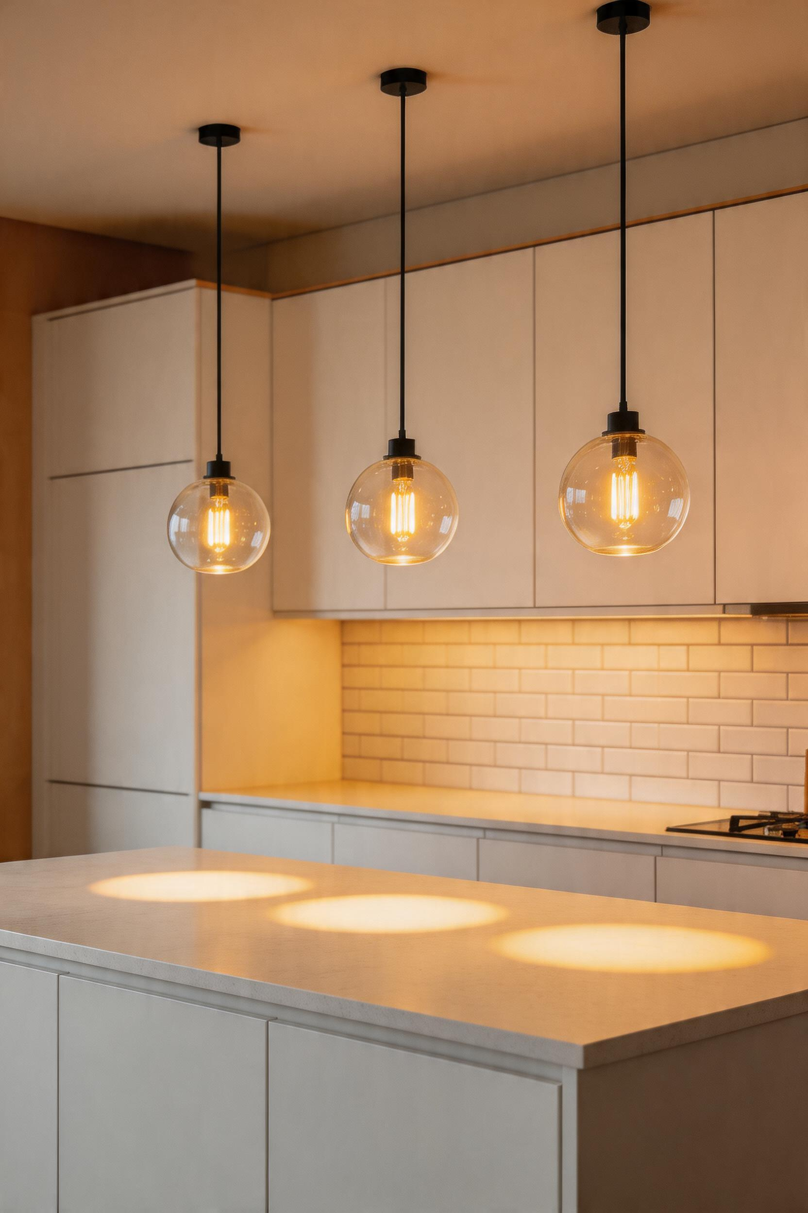 Three clear globe pendants hung 33 inches above the island surface — the formula of height, size, and spacing that makes pendant lighting look deliberate rather than approximated.