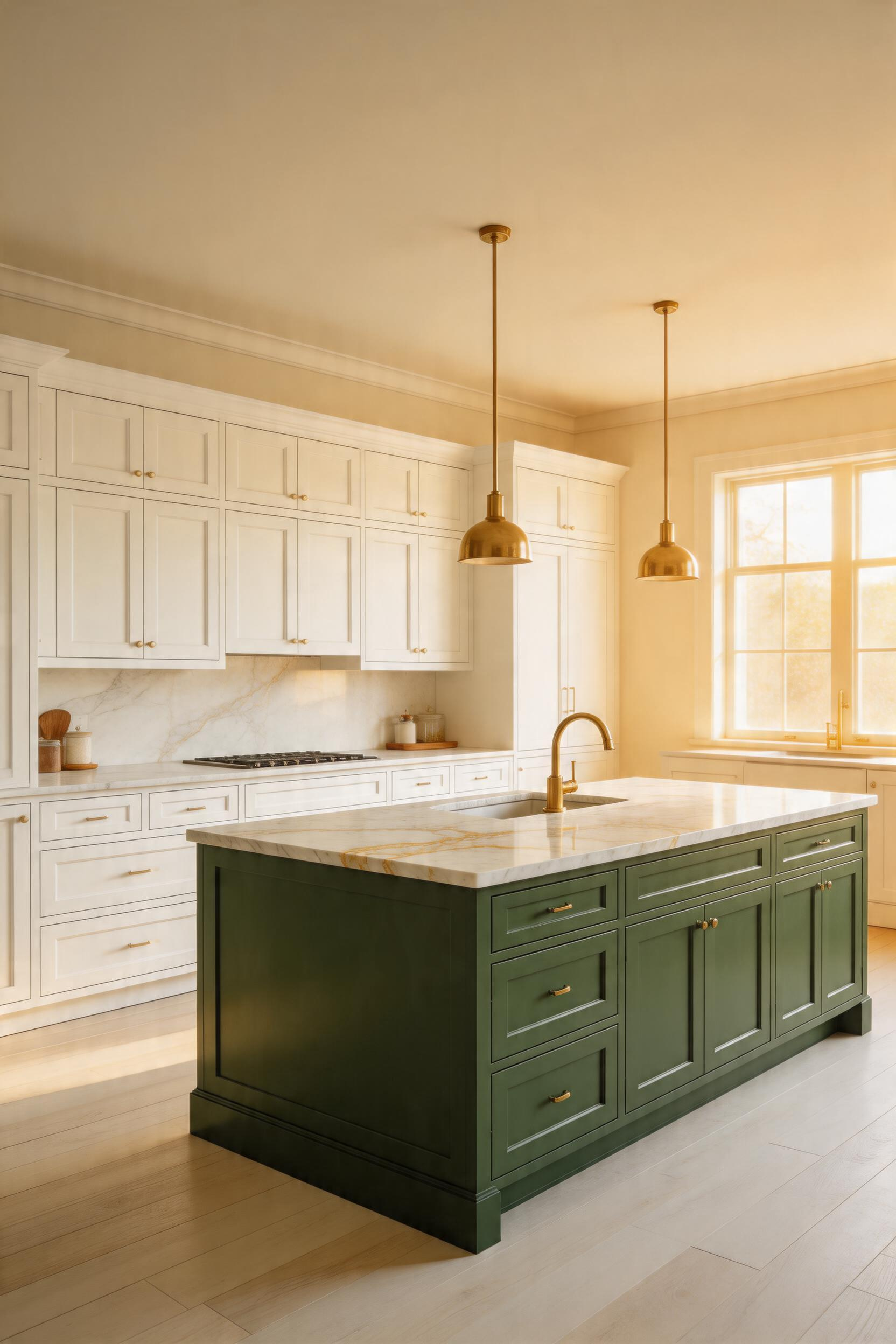 A forest green island anchors the kitchen against white perimeter cabinetry — the contrast defining the island as the room's functional centrepiece rather than a continuation of the surrounding cabinets.