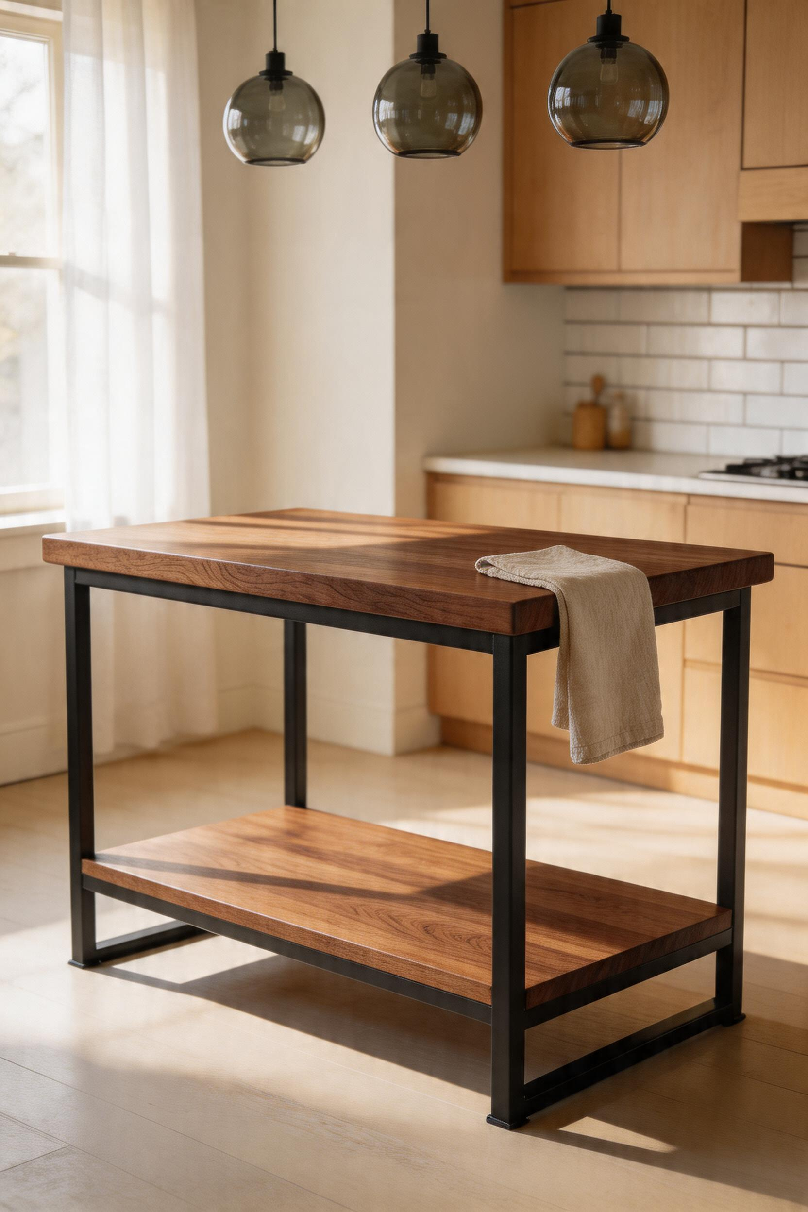 Walnut butcher block meets a powder-coated steel base in a material pairing that's warm enough to feel inviting and structured enough to read as genuinely modern.
