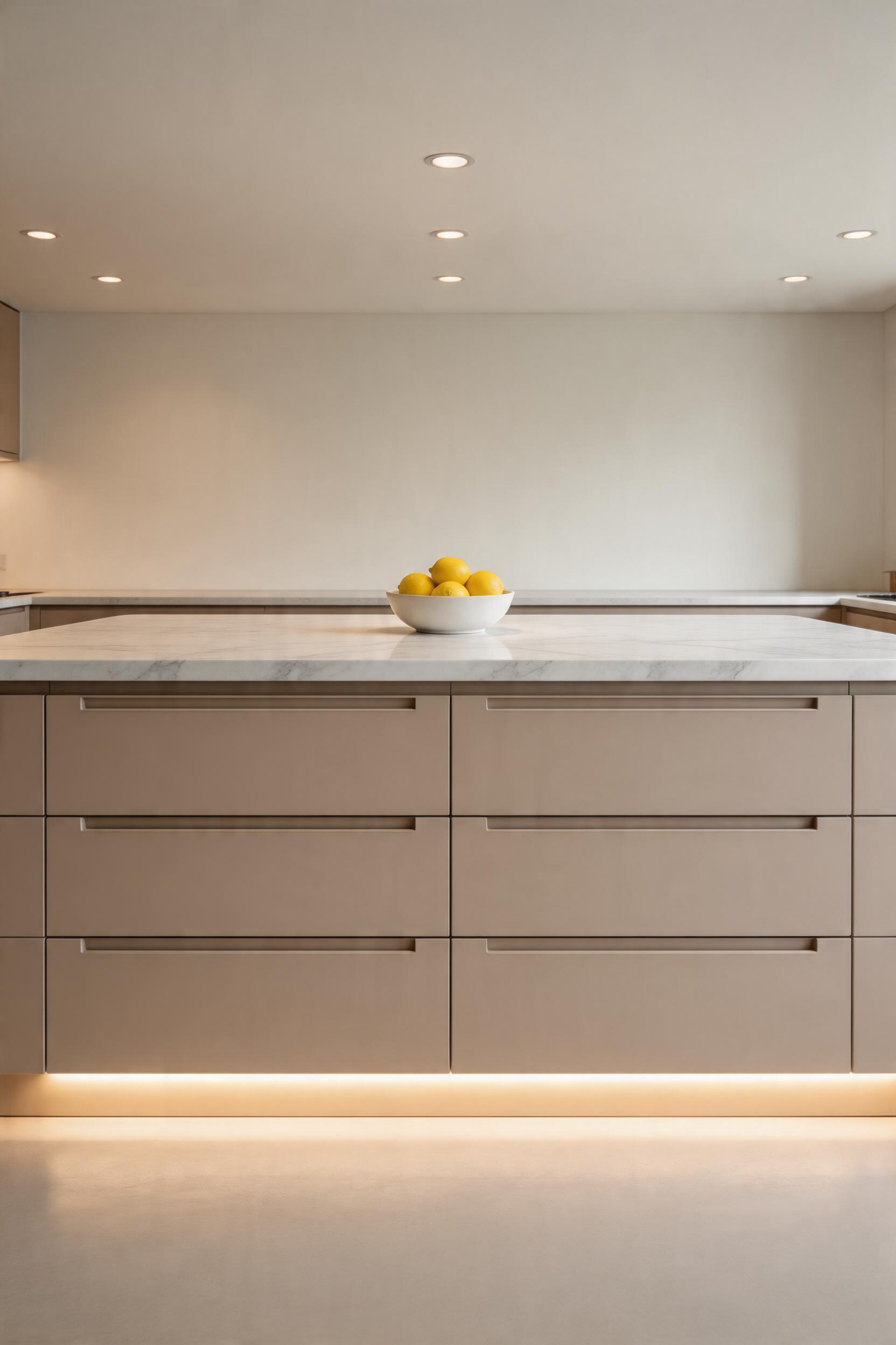 The handleless island face in a warm matte lacquer finish — every surface uninterrupted, every drawer opening by touch, the entire form reading as a single composed material plane.