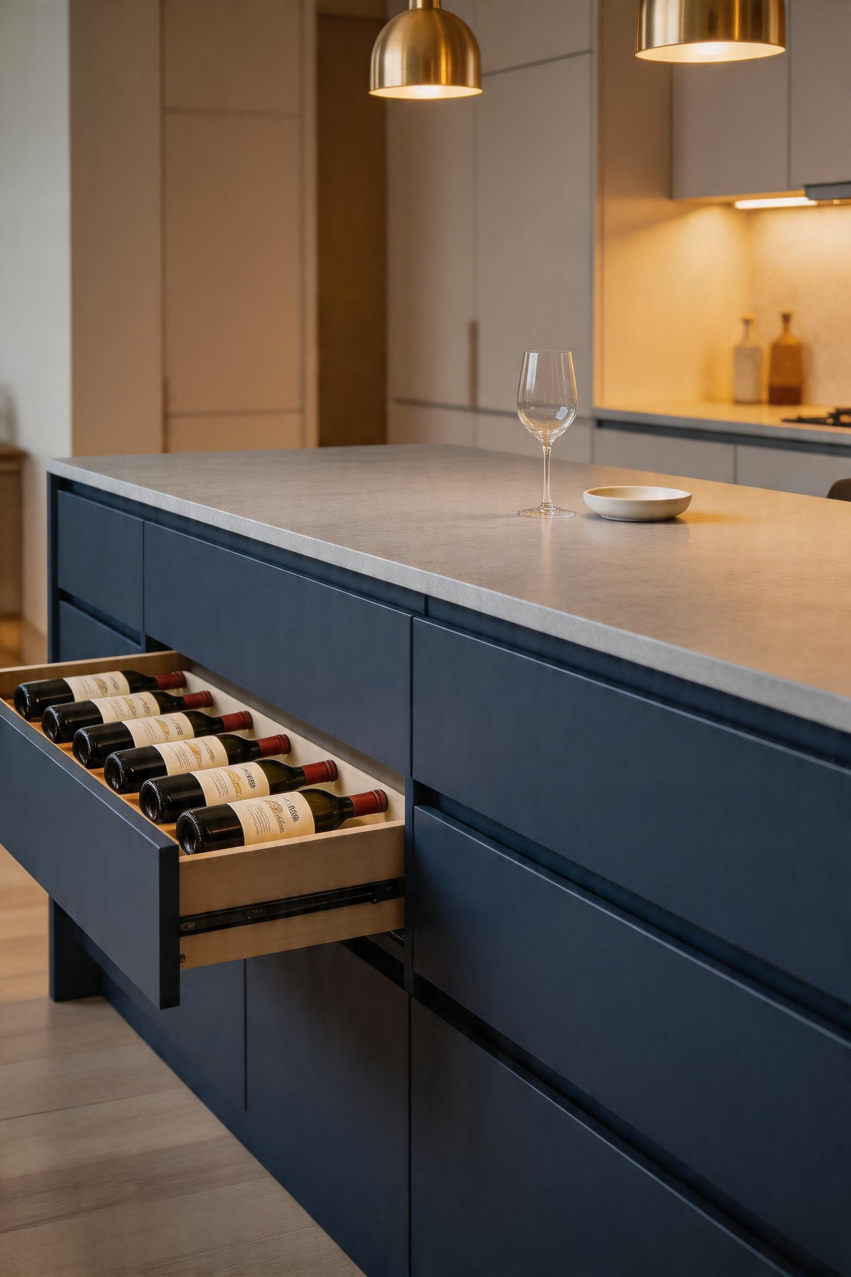 A full-extension bottle drawer built into the island end — six wines stored label-facing, completely invisible when closed, effortlessly accessible the moment dinner preparation begins.
