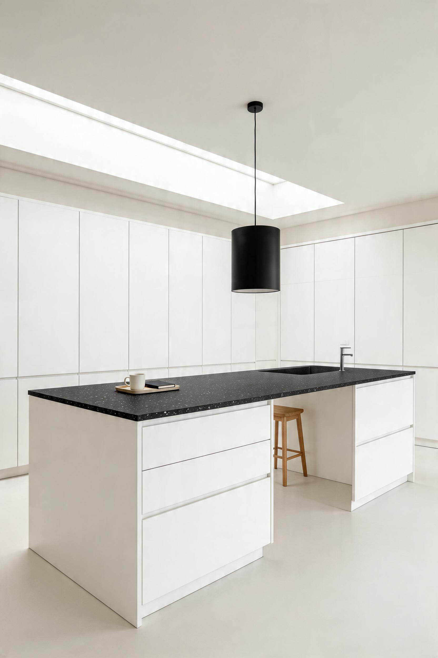 Matte black quartz on a matte white base — the monochrome island that reads as a graphic composition, the particle movement in the stone preventing the surface from feeling flat or inert.