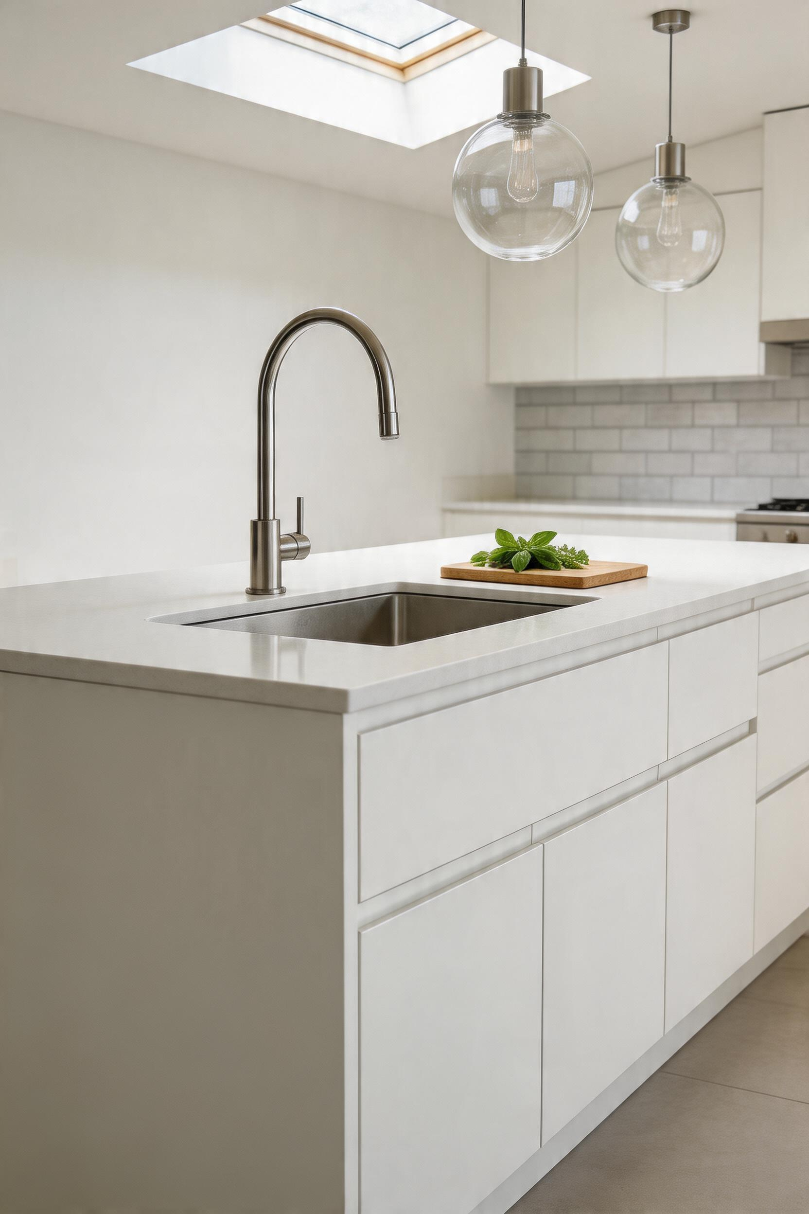 An under-mount prep sink integrated into the island countertop — invisible from across the room, indispensable the moment two people start cooking at the same time.