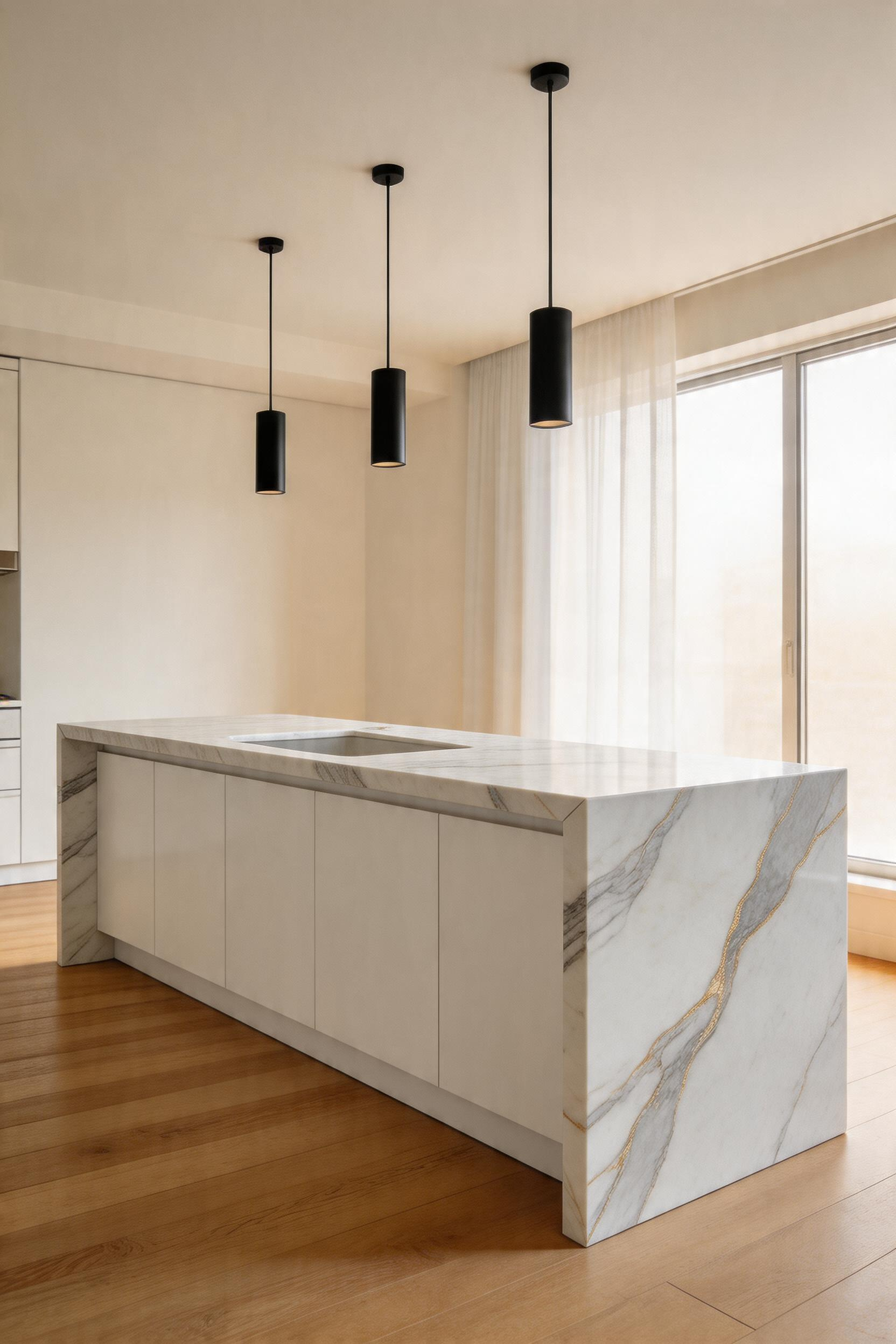 A double waterfall Calacatta quartz island where the slab wraps both ends in a continuous monolithic plane — the defining visual statement of a material-forward modern kitchen.