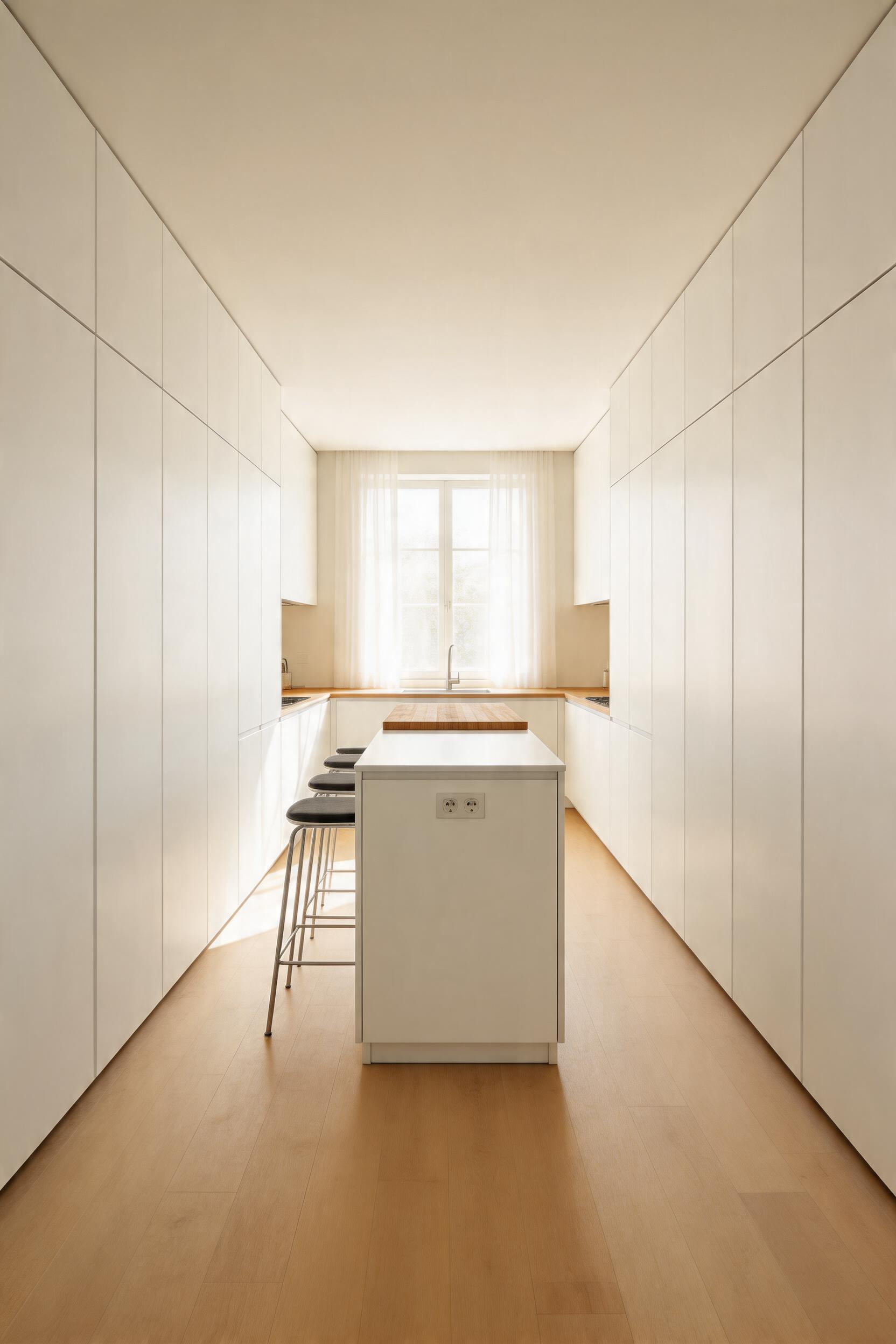 A 24-inch deep island in a galley kitchen — narrow enough to preserve the NKBA-required 42-inch aisles on both sides, deep enough to add meaningful counter surface and concealed storage.