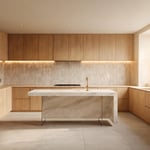 A complete minimalistic kitchen design -- handleless oak cabinets, integrated appliances, zellige backsplash, waterfall island -- where every element earns its place and nothing competes for attention.