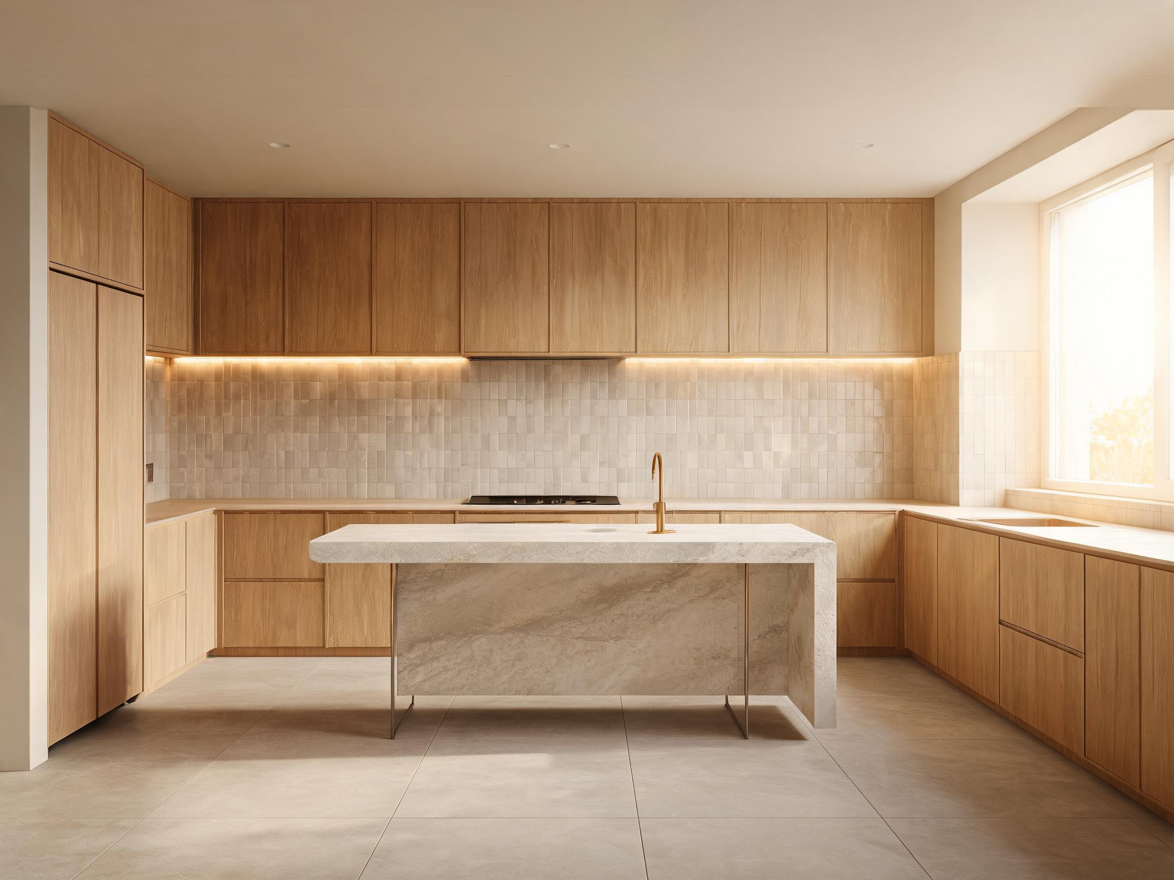 A complete minimalistic kitchen design -- handleless oak cabinets, integrated appliances, zellige backsplash, waterfall island -- where every element earns its place and nothing competes for attention.