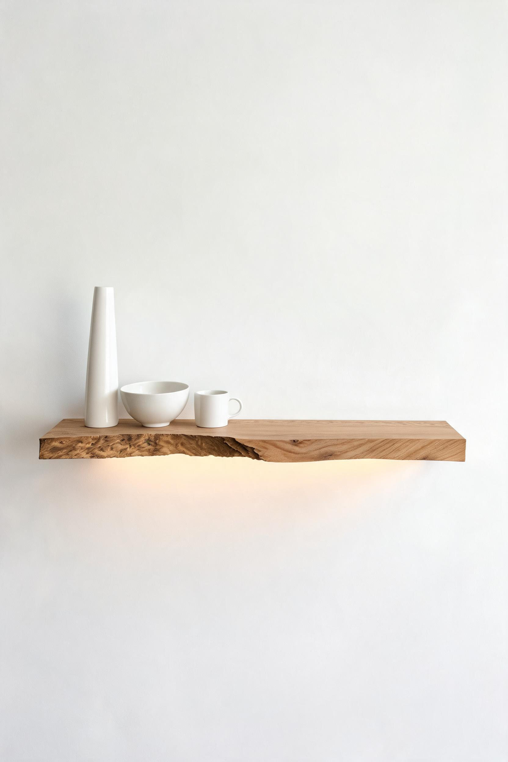 A single floating oak shelf with three white ceramics and 50% empty space -- everything that earns a place here is chosen, not accumulated.