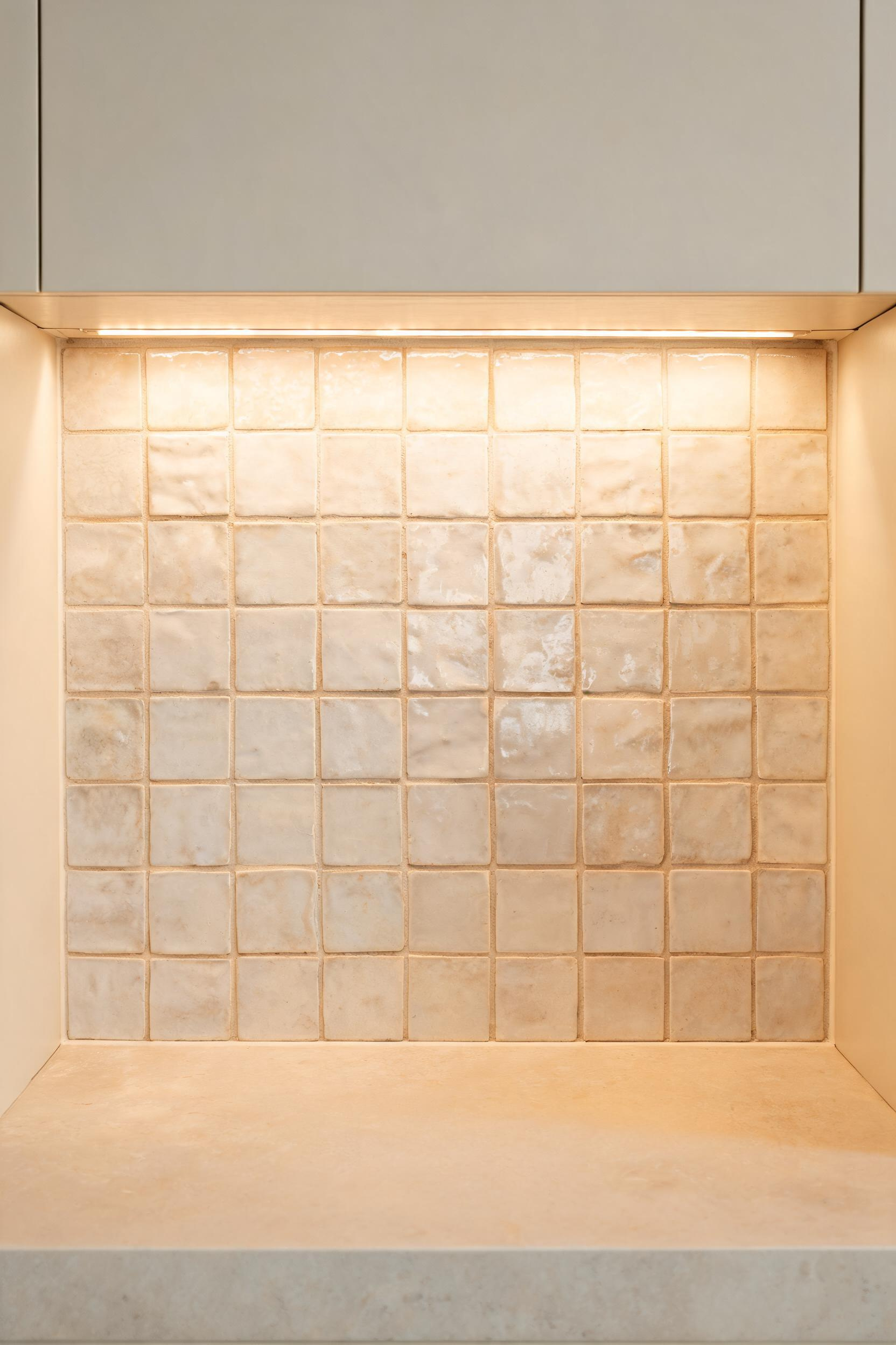 Off-white zellige tile with variable glaze and natural surface variation -- the under-cabinet LED rakes across the surface to bring out the texture that makes this the room's one visual statement.