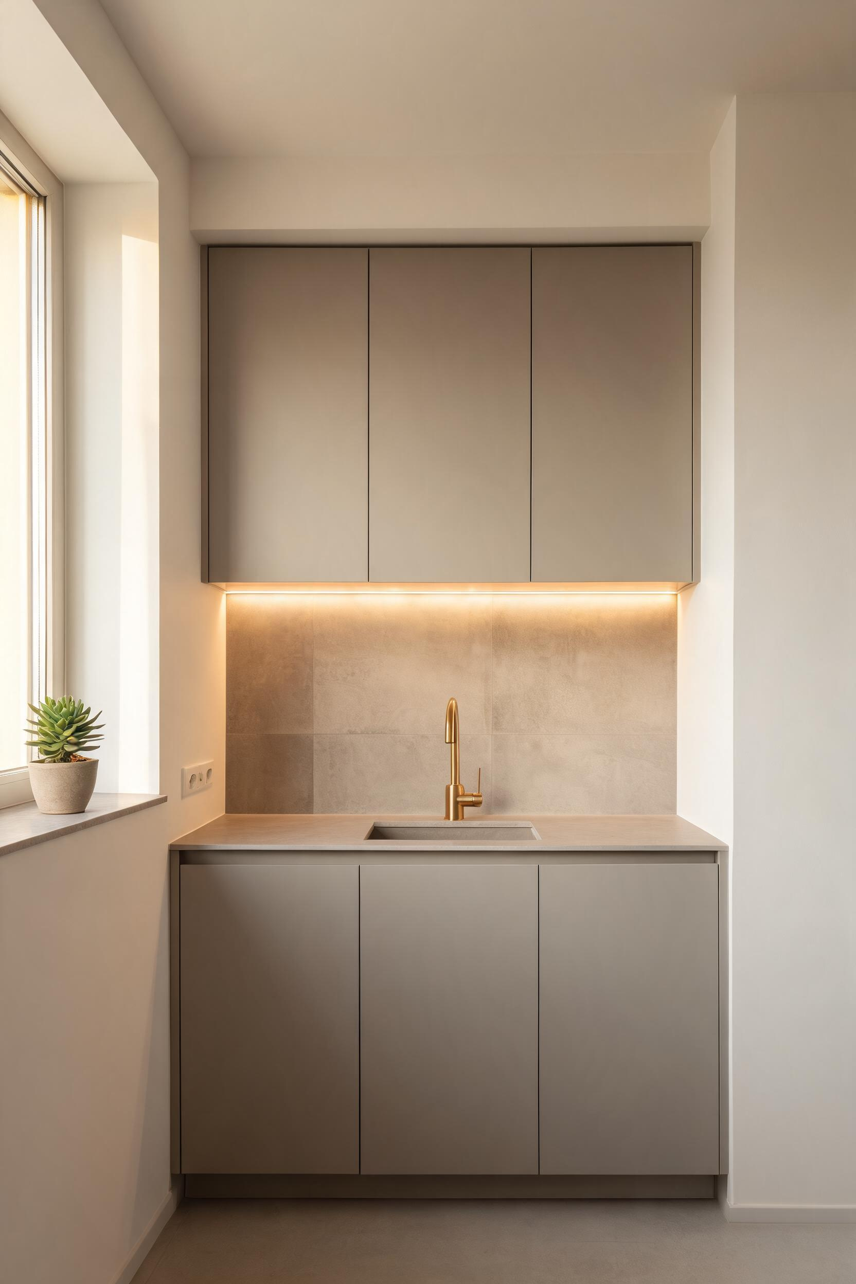 A greige monochromatic palette layers matte cabinet fronts, honed stone, and concrete-look tile within the same color family -- variation in finish rather than color creates the depth.