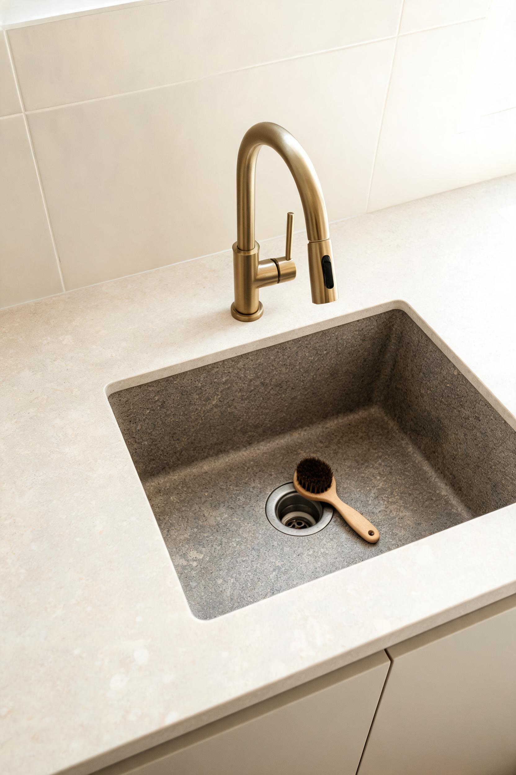 A 33-inch granite composite single basin undermounted flush to a honed quartzite counter, with one brushed brass pull-down faucet -- no divided basin, no visible rim, no accumulated rim grime.