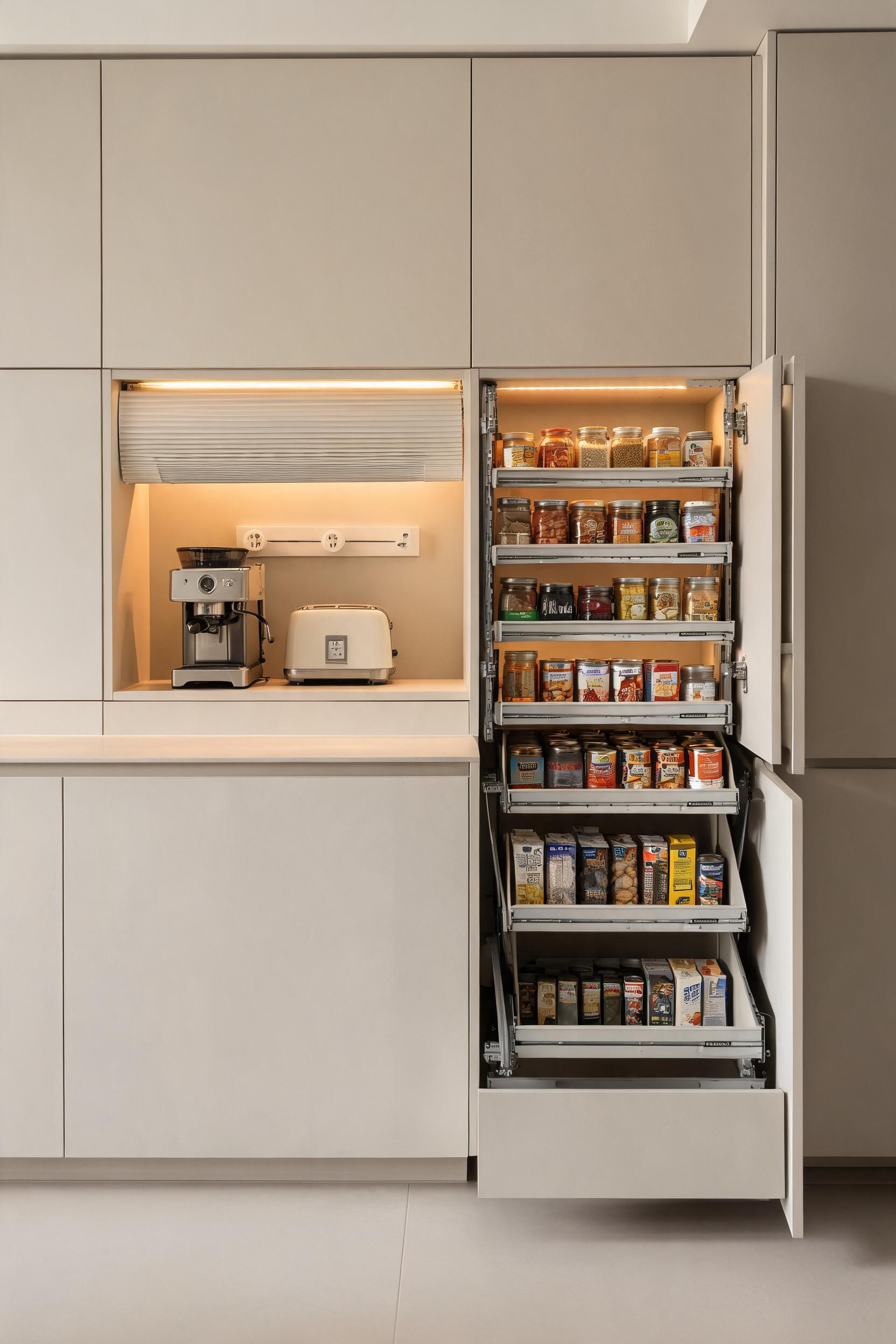 An appliance garage with pocket door and a full-extension pull-out pantry tower -- every countertop appliance has a home with power, and every pantry item is visible and reachable.