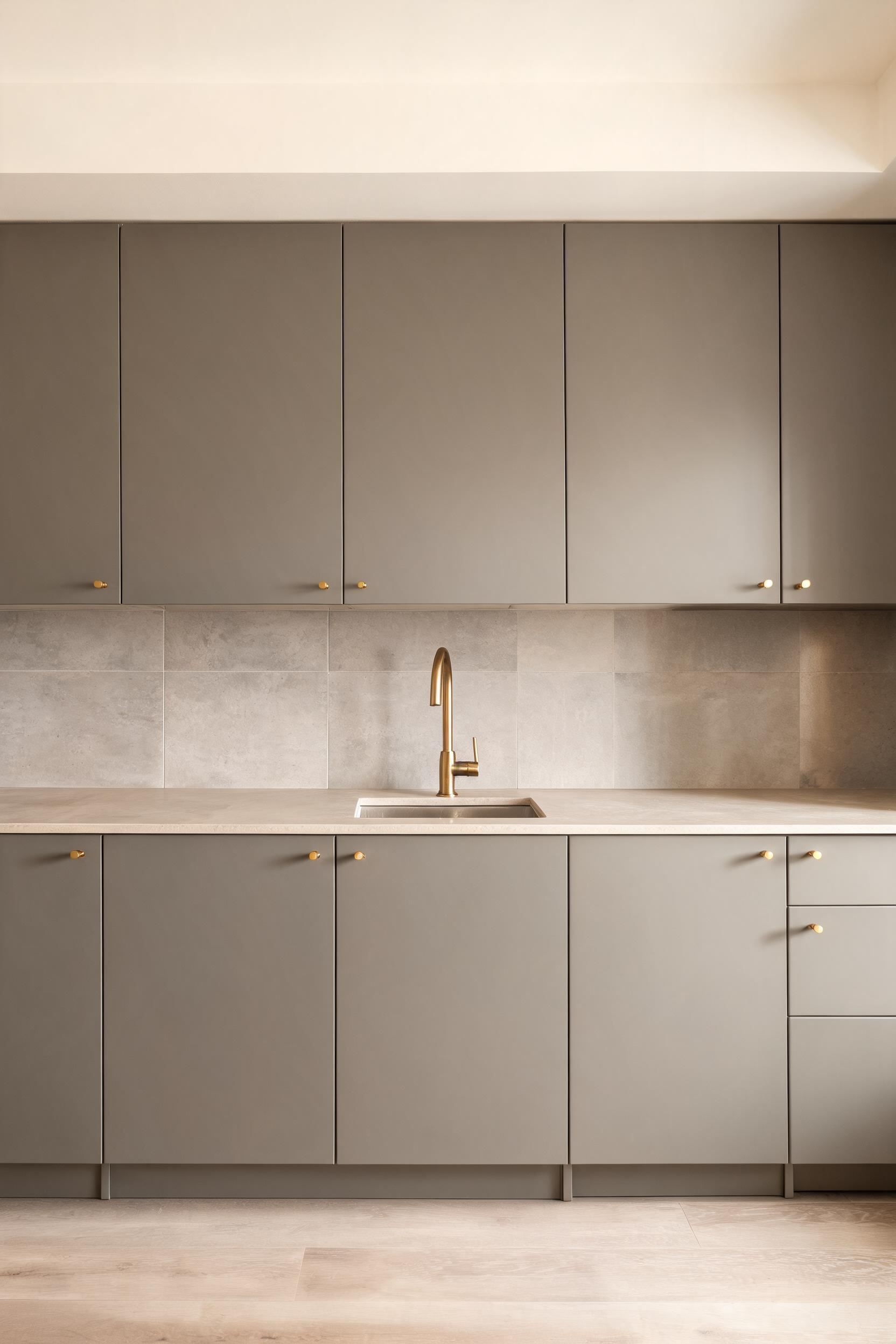 Matte cabinet fronts absorb light while the honed stone countertop reflects it -- the difference in sheen is deliberate, creating depth and calm without any decoration.