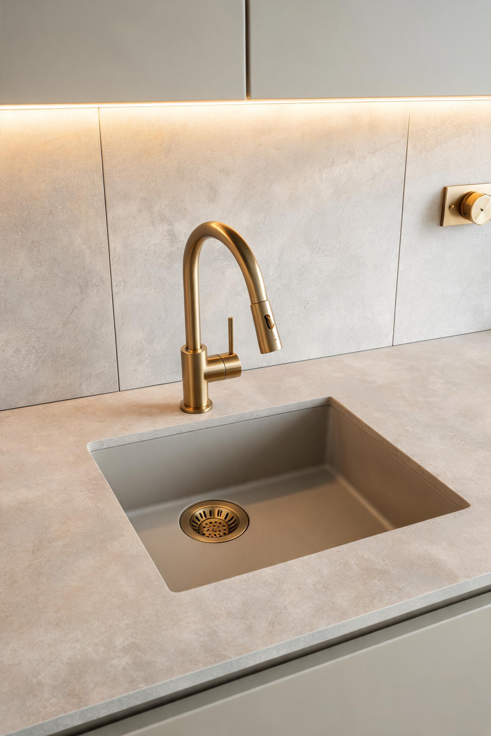 Brushed brass with PVD coating on the faucet, drain, and every visible touchpoint -- one finish applied consistently makes the metalwork feel architectural rather than decorative.