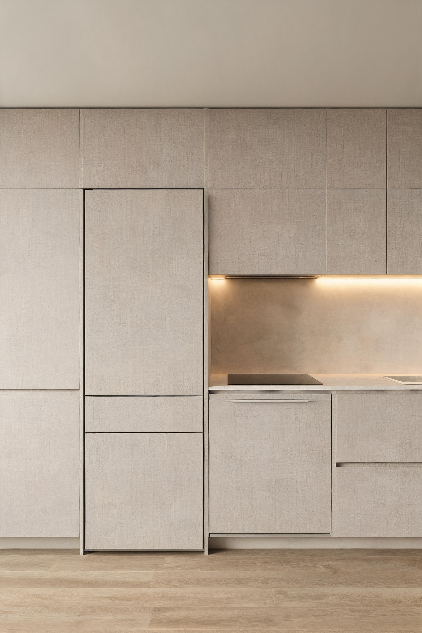 Panel-ready refrigerator and dishwasher disappear behind cabinet-matched panels, making the entire kitchen wall read as one continuous storage system.