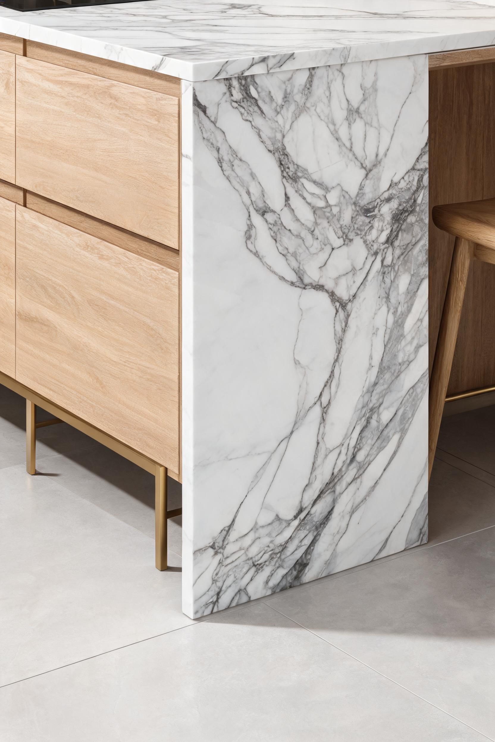 A vein-matched quartzite waterfall countertop drops continuously from island surface to floor, transforming the island from cabinetry into a single sculptural stone form.
