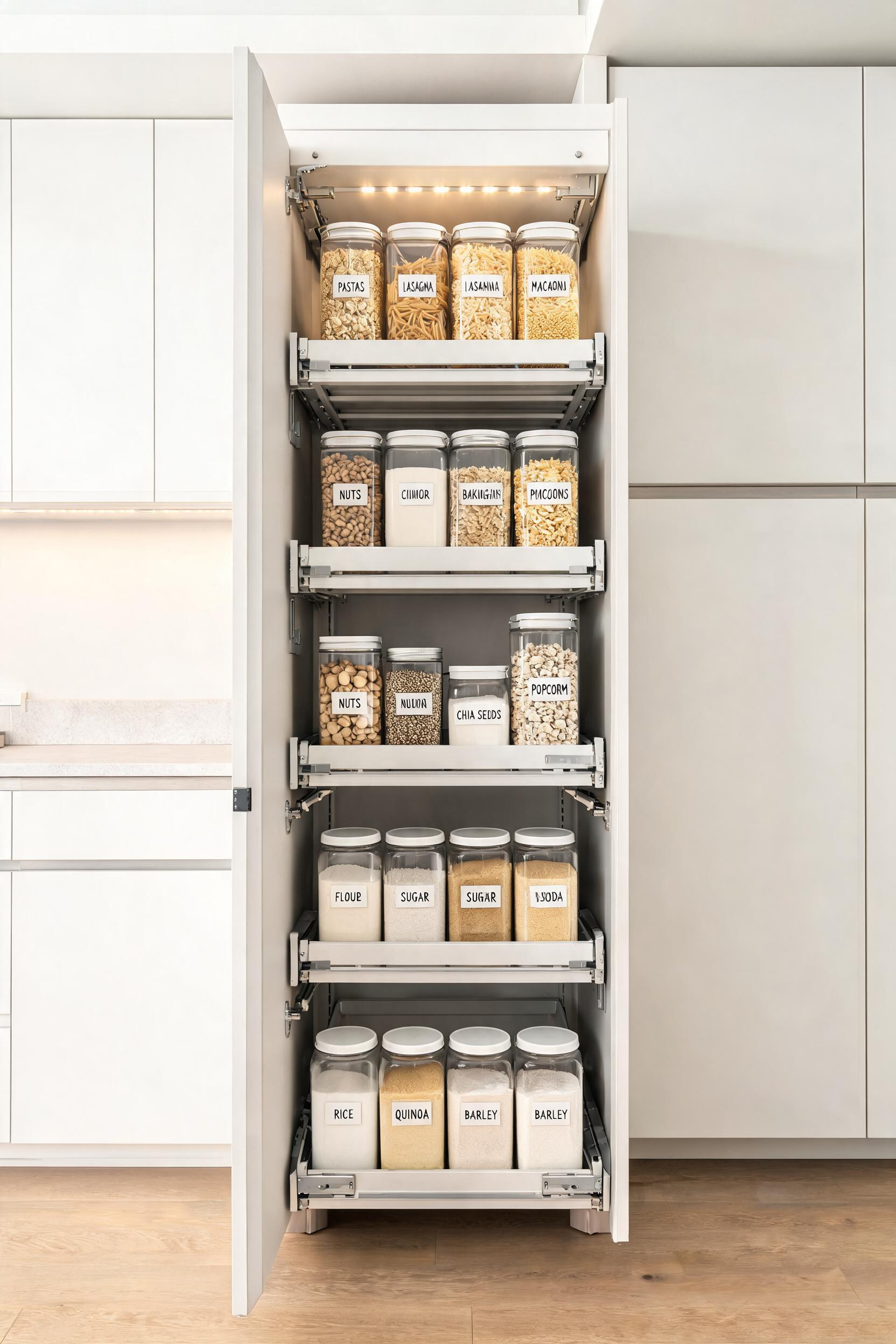 A full-extension Blum LEGRABOX pull-out pantry tower brings the entire cabinet contents to the front -- nothing buried at the back, every item visible and reachable without bending.