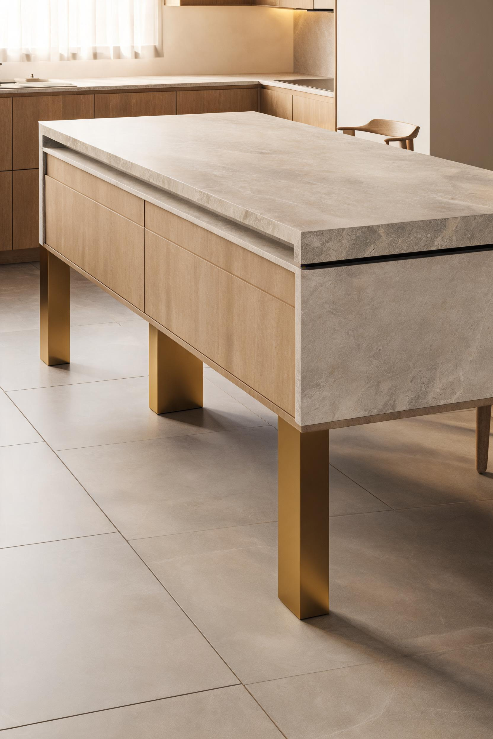 A floating island on brushed brass legs lets the continuous floor run beneath it, creating the sense of space that a floor-to-base cabinet island prevents -- and the handleless drawers maintain the clean face.