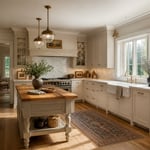 A complete traditional kitchen featuring cream raised-panel cabinetry, honed marble countertops, aged brass hardware, a fireclay farmhouse sink, and wide-plank white oak floors — every element a timeless material choice.