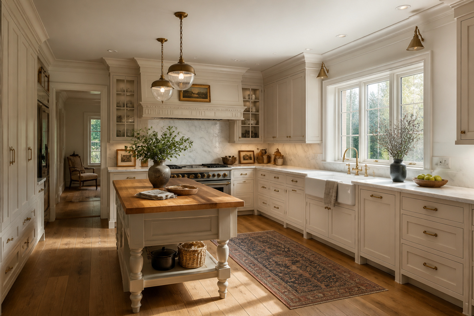 A complete traditional kitchen featuring cream raised-panel cabinetry, honed marble countertops, aged brass hardware, a fireclay farmhouse sink, and wide-plank white oak floors — every element a timeless material choice.