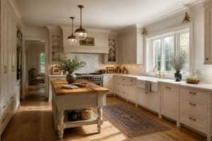 A complete traditional kitchen featuring cream raised-panel cabinetry, honed marble countertops, aged brass hardware, a fireclay farmhouse sink, and wide-plank white oak floors — every element a timeless material choice.