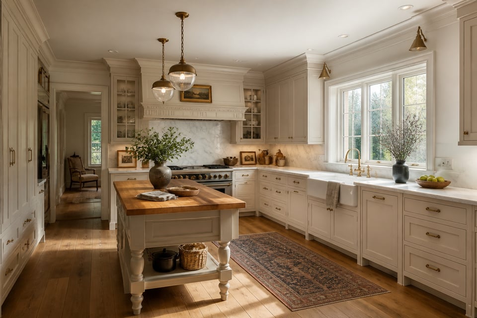 A complete traditional kitchen featuring cream raised-panel cabinetry, honed marble countertops, aged brass hardware, a fireclay farmhouse sink, and wide-plank white oak floors — every element a timeless material choice.
