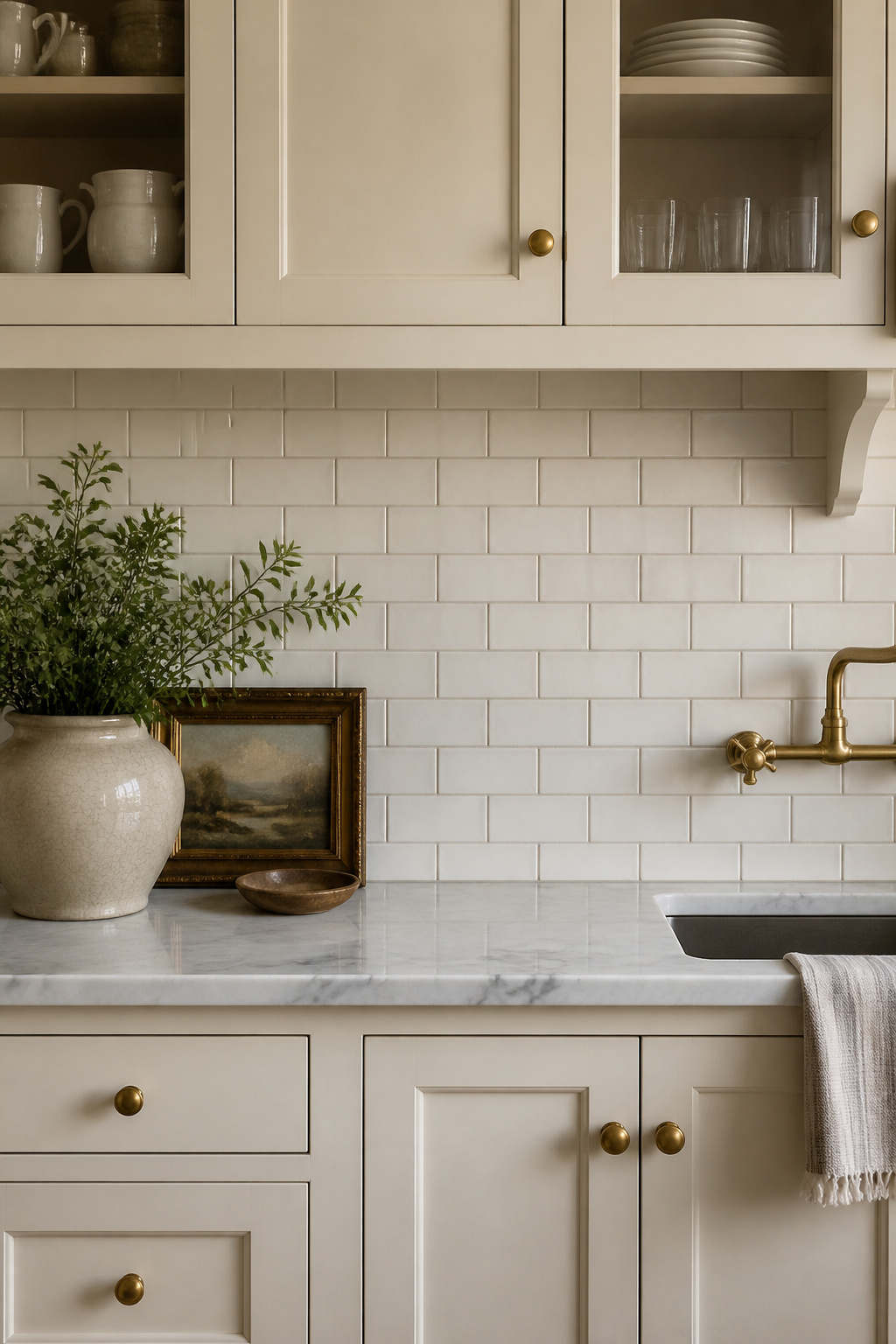 Handmade off-white ceramic subway tiles in running bond with warm putty grout create a backsplash that reads as genuinely traditional — the slight glaze variation and tonal warmth of handmade ceramic doing the work that machine-made tile cannot.