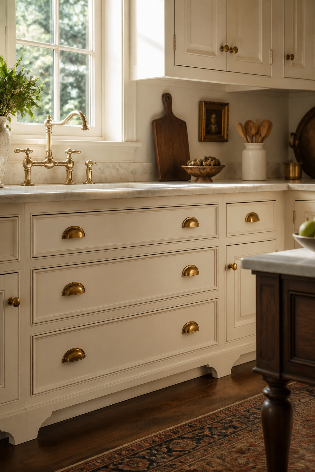 Unlacquered brass cup pulls on cream raised-panel drawers — the aged patina develops over years and becomes the kitchen's most characterful material detail.