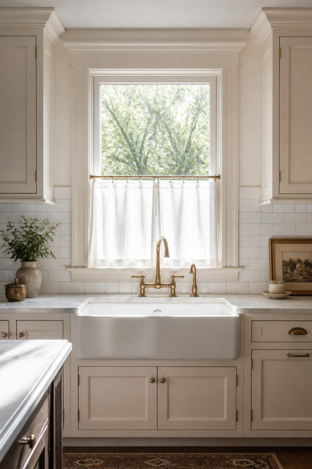 A built-up moulding window casing with linen cafe curtains above the fireclay sink — the architectural detail that confirms the traditional kitchen was designed to the window frame, not stopped short of it.