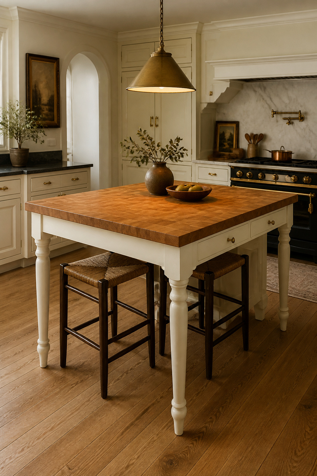A turned-leg island in cream paint with a maple butcher block top at table height — the traditional kitchen's furniture piece, not its built-in appliance.