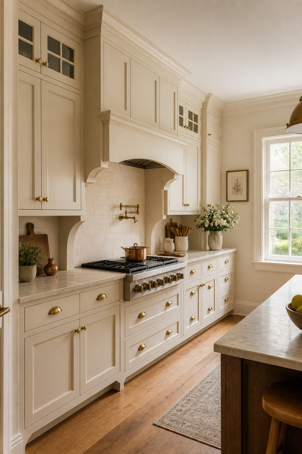 Raised-panel Shaker cabinetry in warm cream with aged brass cup pulls and ogee crown moulding — the foundational material choice of a traditional kitchen built to last.