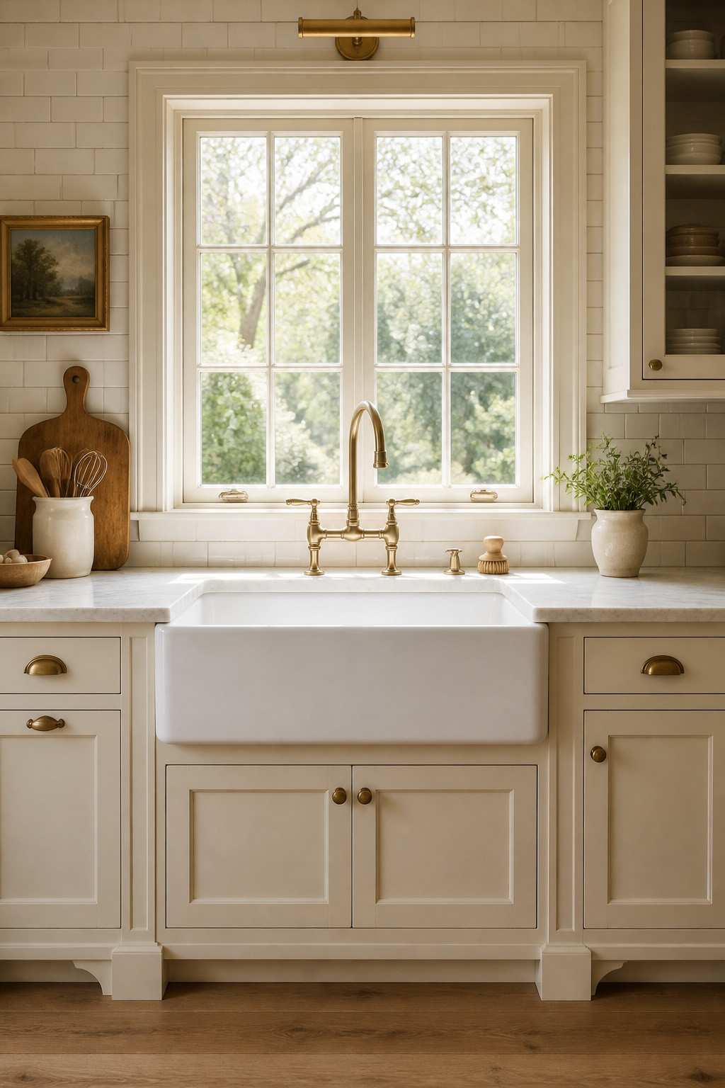 A deep single-basin fireclay farmhouse sink beneath a picture-frame window with brass bridge faucet — the working-kitchen element that defines the traditional room's functional character.